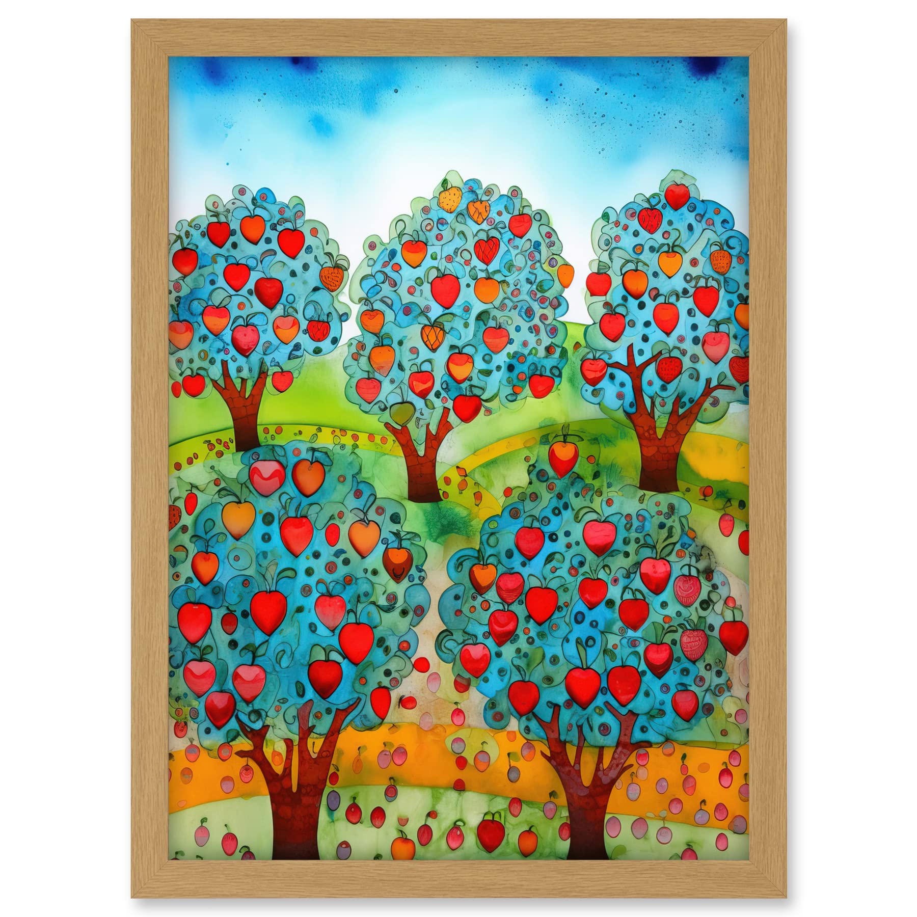 Artery8 Apple Orchard Trees Ready For Harvest Folk Art Landscape Watercolour Painting Artwork Framed A3 Wall Art Print