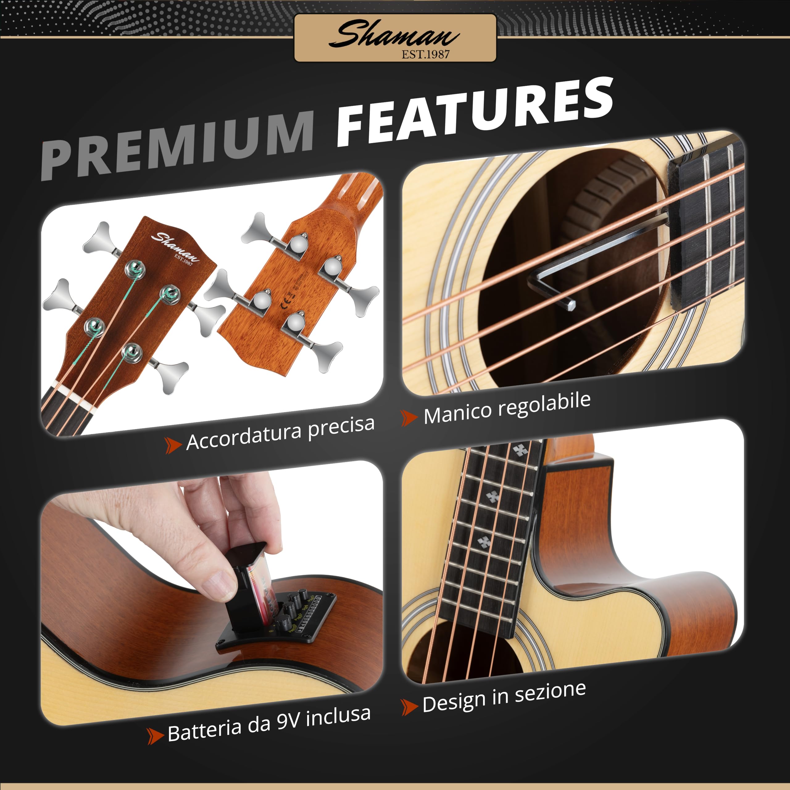 Shaman AB4-50CE-NT Basso Acustico Naturale, Generale, Modello: AB4-50CE-NT | Peso: 2, 8 kg, Numero di corde: 4, Orientamento: Destrimano, Corpo, Forma del corpo: Jumbo con cutaway, Tavola: Abete, Manico