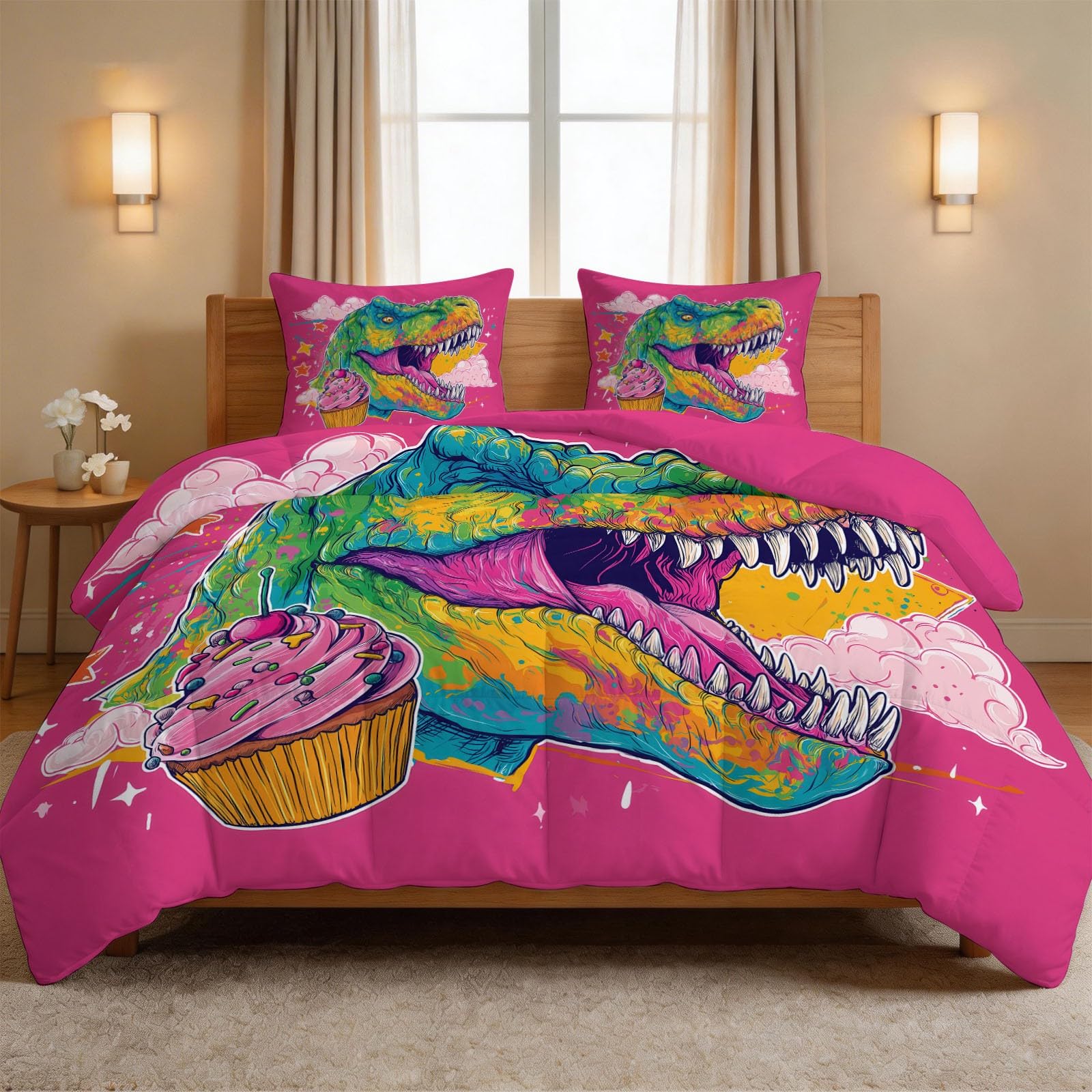Kołdra Super King 7,5 Tog, dwustronny nadruk, kreskówkowy dinozaur T Rex, graffiti, dla dorosłych, oddychająca, miękka, całoroczna, hipoalergiczna, można prać w pralce, fioletowa, 260 x 220 cm