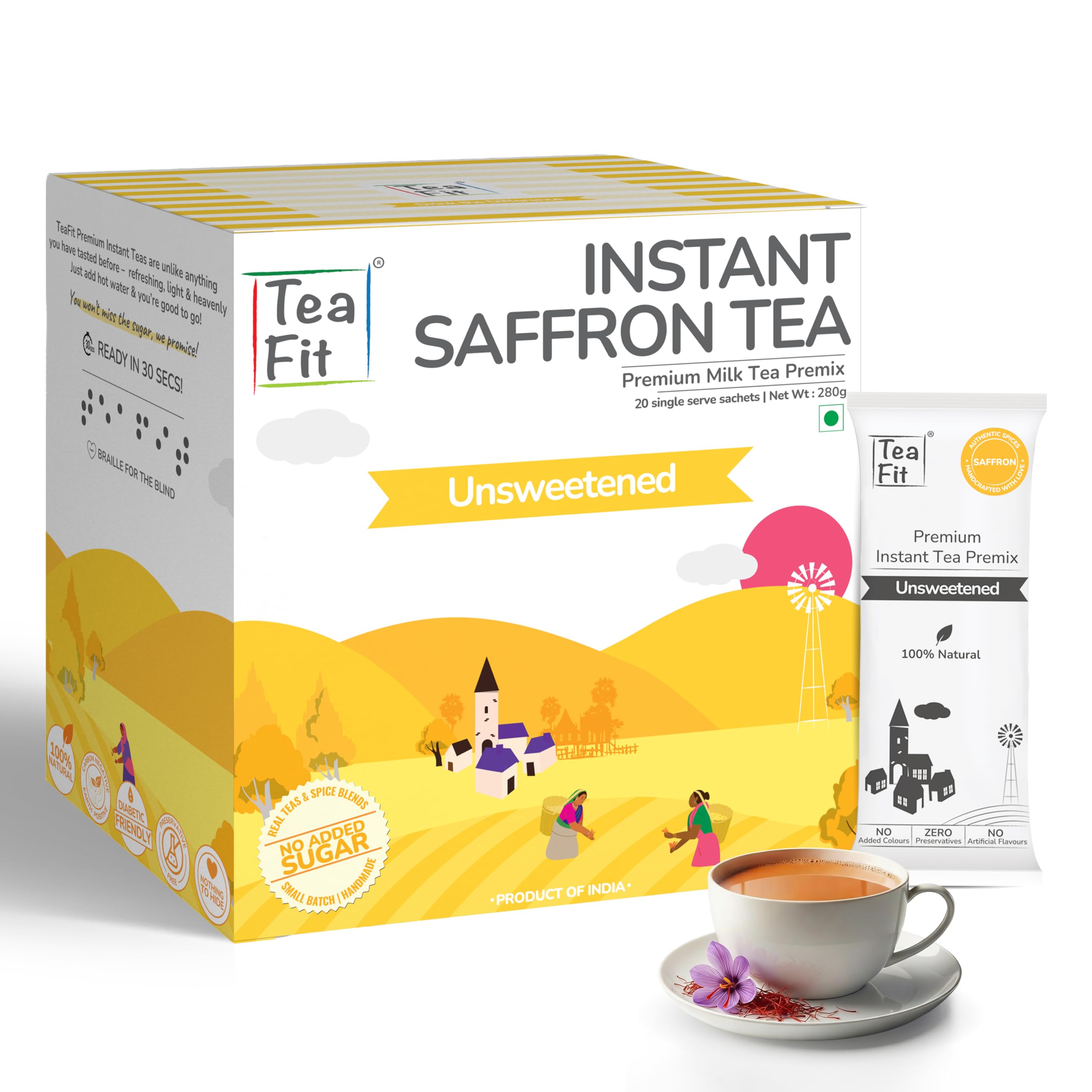 Premium NO SUGAR Instant Saffron Tea Premix | Pack of 20 Sachets (280gm) | Real Milk & Saffron | Home Style Kesar Chai | Milk Tea Premix | Diabetic Friendly | No Added Sweeteners