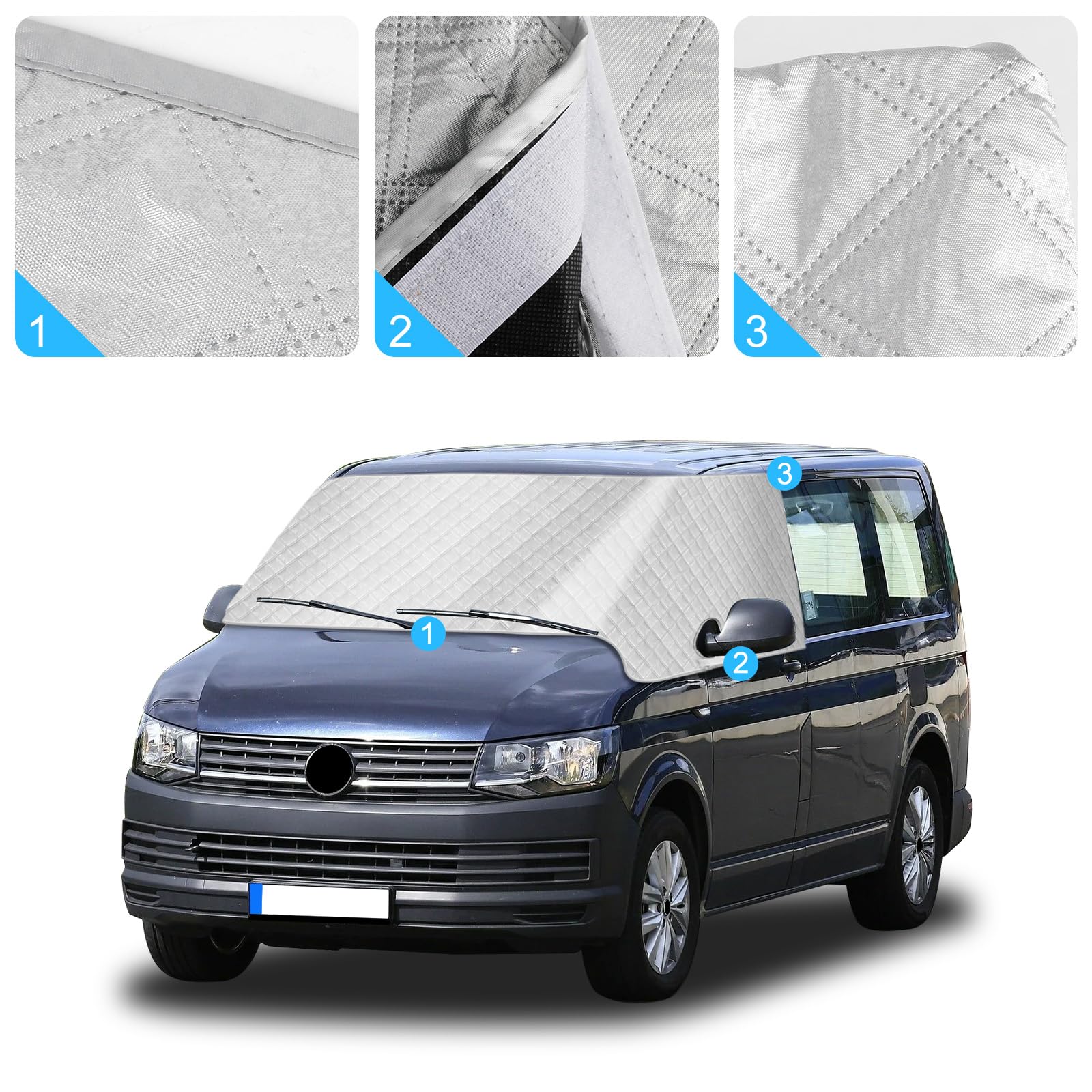Couverture Pare-Brise pour VW T7, Housse de Protection Avant Pare-Brise, Pare-Soleil Anti-UV Imperméable Anti-Poussière Protection Pluie Gelée Hiver Été