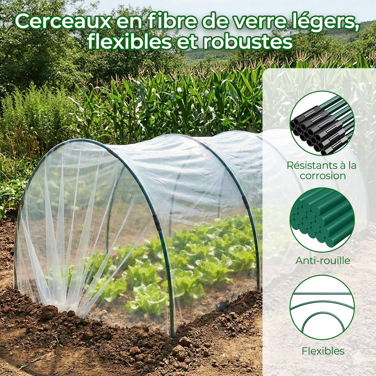 MYMULIKE Lot de 60 Tunnels de Culture pour Carrés Potagers, Arceaux de Tunnel de Plantes, Kit de 12 Arceaux de Jardin en Fibre de Verre, Arceaux de Serre pour Légumes, Fleurs et Fruits