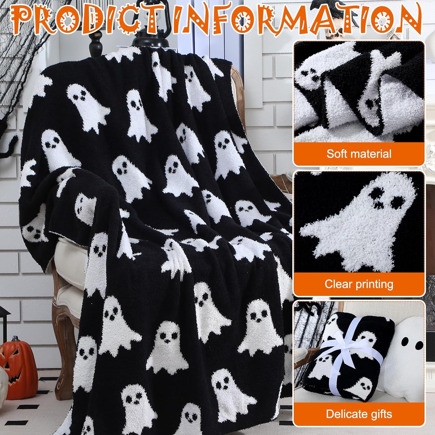 Halloween Ghost Throw Blankets Pillow Set Include Double Sided Spooky Black and White Flannel Throw Blanket 50 x 60 Inch and Cozy Ghost Plush Pillows Cushion for Couch Sofa Bed Decorations - Image 4