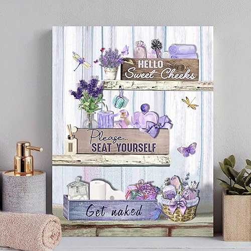 Miniatura 6 de Arte de pared de baño de color lavanda, cuadros de baño morados para pared, rústico, granja, libélula mariposa, lienzo de pintura de campo, baño,