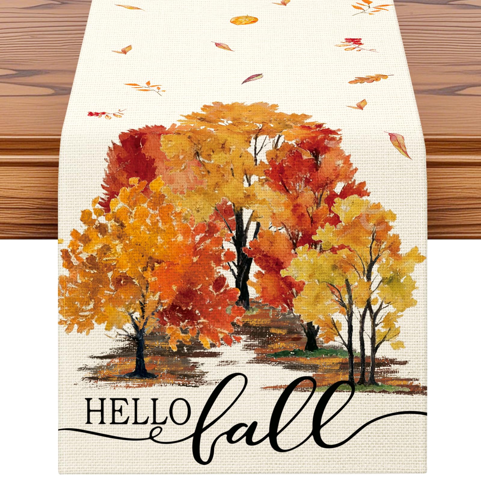 Artscope Hello Fall Table Runner Autumn Thanksgiving Holiday with Autumn Forest Pattern Seasonal Kitchen Dining Table Runner Decoration for Home Fall Party Decor 40x300 cm