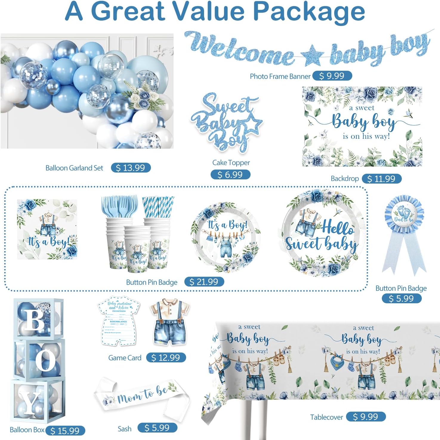 cocomigo 260PCS Baby Boy Baby Shower Decorations All-in-One Set with Baby Boy Balloon Arch, Tableware, Advice Cards, Cake Topper, Balloon Box, Backdrop, Sash, Corsage, Etc. Serves 20