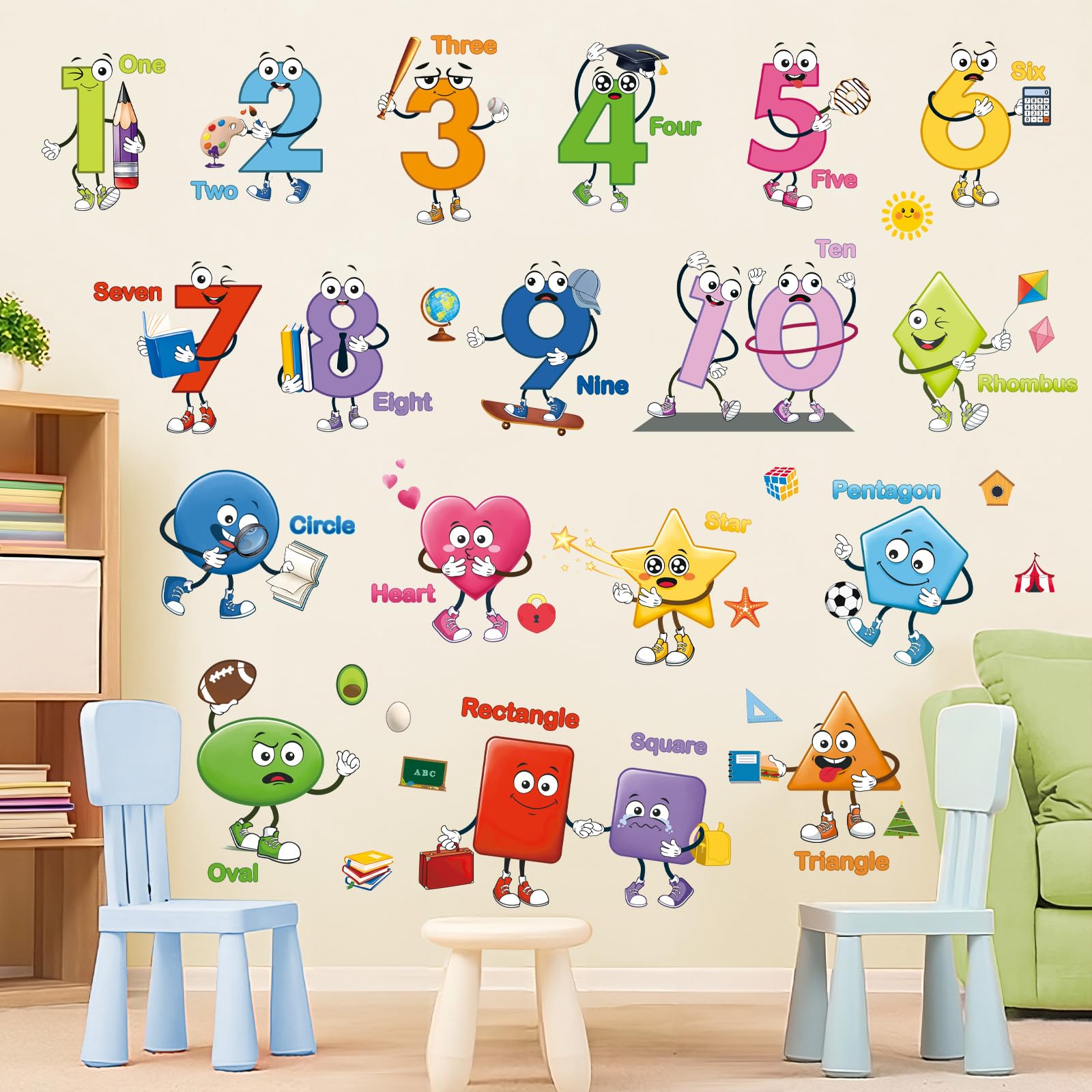 decalmile Colorful Shapes Numbers Wall Decals Educational Learning Geometry Wall Stickers Kids Toddler Room Preschool Classroom Daycare Wall Decor - Image 2
