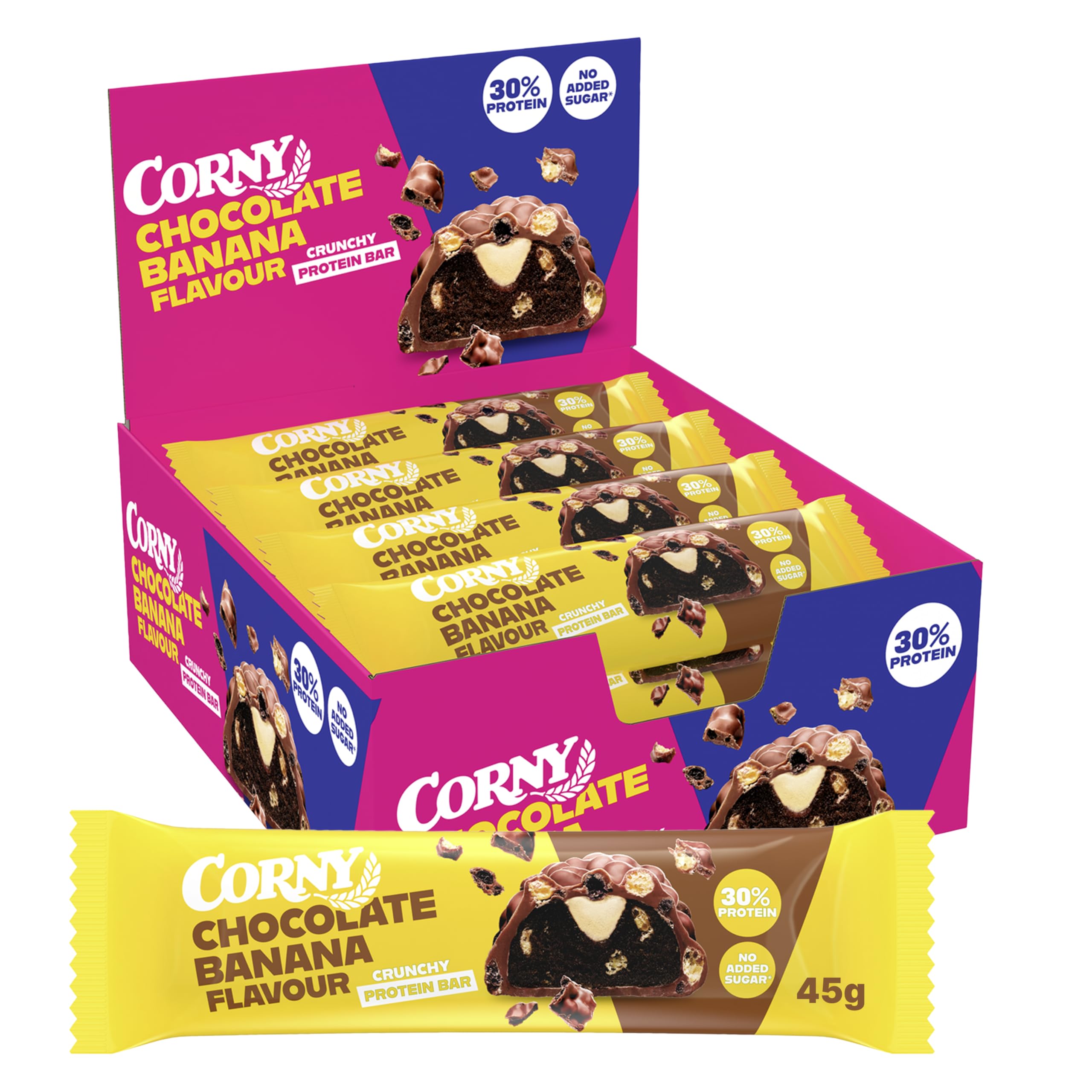 Corny Protein Barritas Chocolate con Leche y Plátano, 12x45 g | con Colágeno, Sin Azúcares Añadidos, Ayuda a la Recuperación Muscular, Snack Fitness para Deporte y Gimnasio
