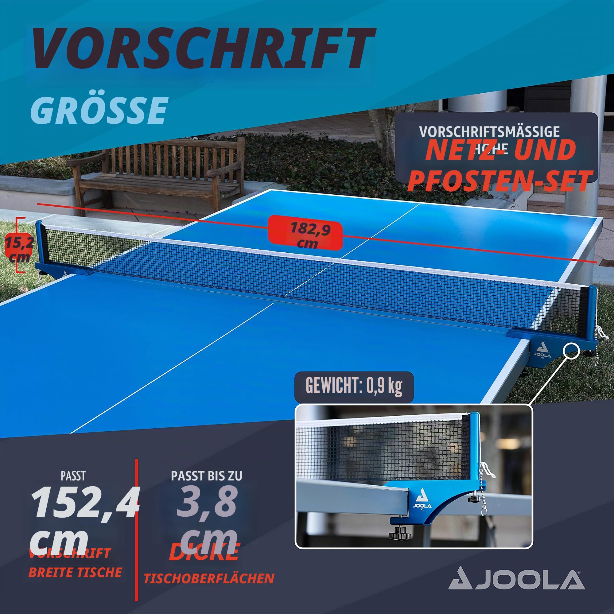JOOLA Tischtennisnetz WX Aluminium Tischtennisnetz-Garnitur für Indoor/Outdoor Tischtennisplatten | Verstärkter Baumwollgarn mit Höhenverstellschraube Blau eloxiert 183 cm x 15,25 cm