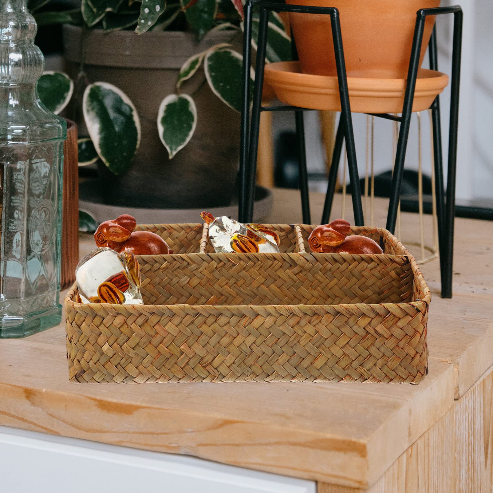 HEMOTON Rattan Storage Basket Small Wicker Baskets Woven Lid Desktop for Snack Fruit Sundry Organizer