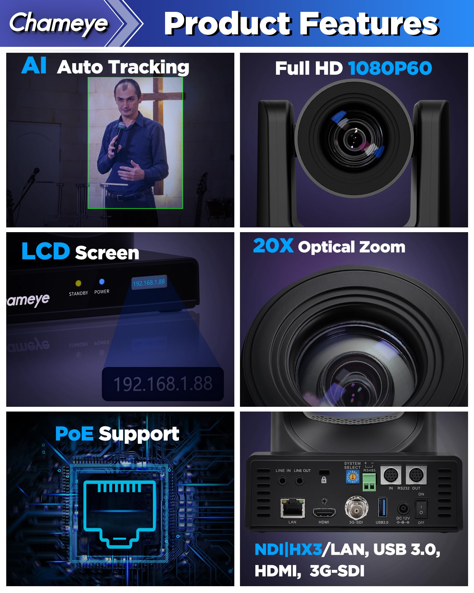 Chameye NDI HX3 PTZ Kamera Set 20x Optischer Zoom KI-Auto-Tracking 3G-SDI HDMI USB3.0, mit 2 Stück 20x Zoom NDI Kamera + PTZ Controller, NDI6 & NDI HX3 Zertifiziert, C720Nx2+E300