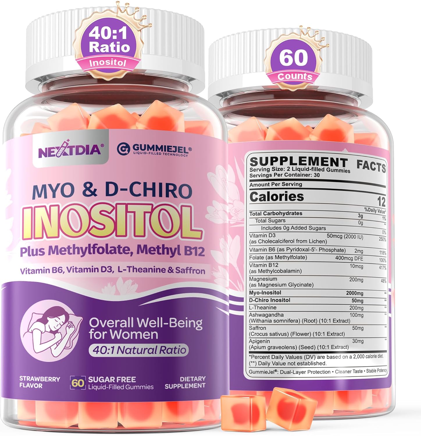 Myo-Inositol & D-Chiro Inositol Gummies + MTHF Folate, Methyl B12, Vitamin B6 & D3, Inositol Supplement for Women for Ovarian, Hormone Balance, PMS, Sleep, Mood & Energy, 40:1 Ratio, Sugar Free, 60Cts