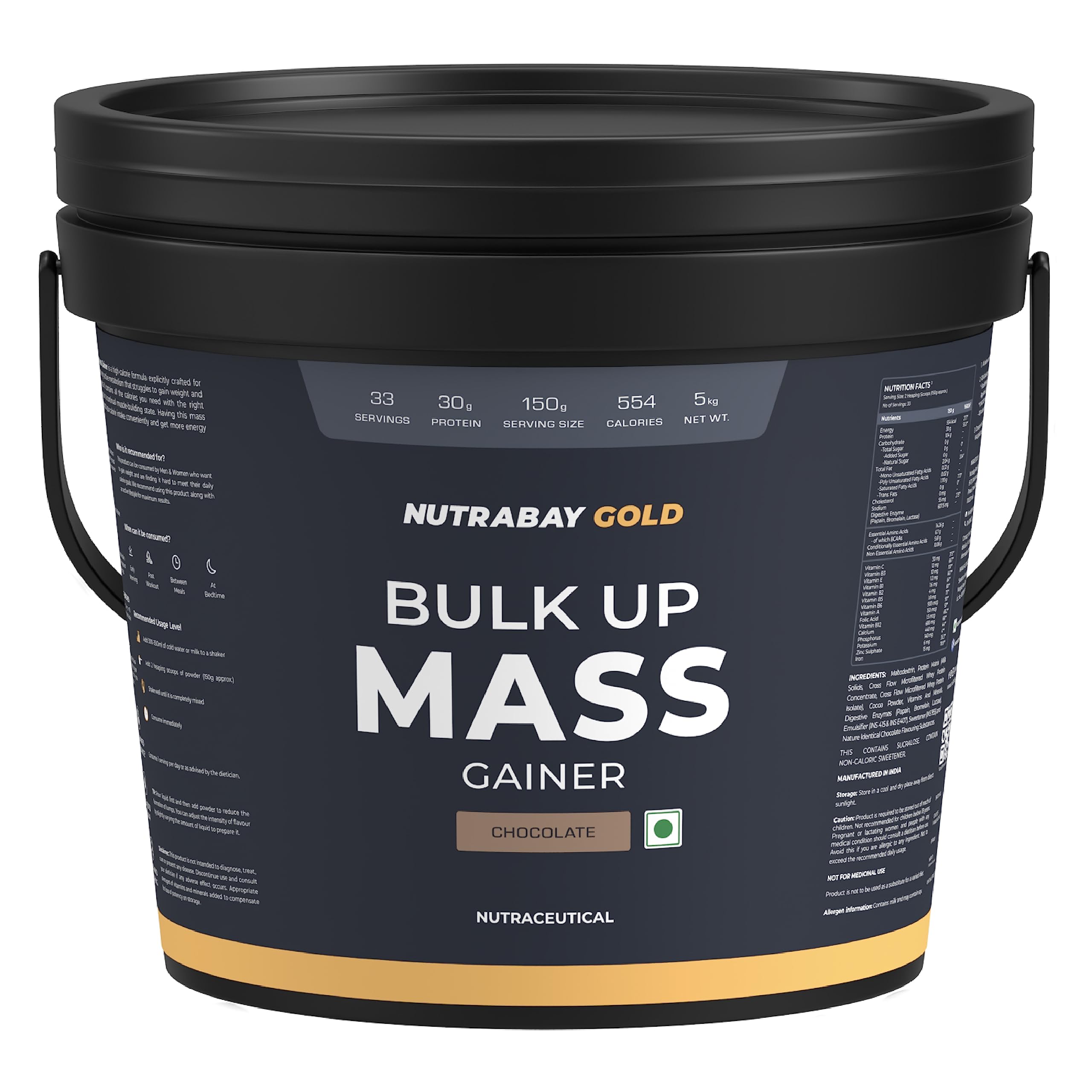 Nutrabay Gold Bulk Up Mass Gainer Powder - 5kg, Chocolate | 30g Protein, 104g Carbs, 554 Calories | Easy to Digest | 100% Veg Muscle Building & Weight Gainer Supplement for Men & Women-image-16