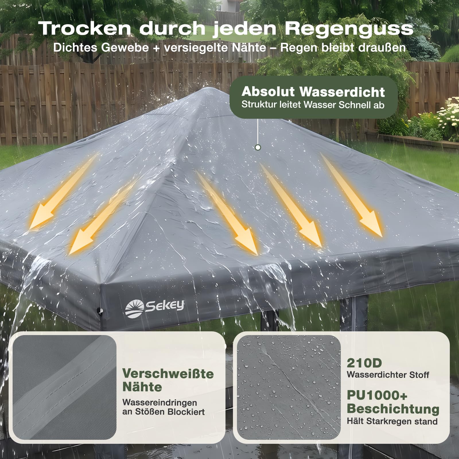 Sekey Pop Up Pavillon 3x3m Wasserdicht Stabil Winterfest mit moskitonetz, Höhenverstellbar Gartenpavillon mit 4 Seitenwänden, Faltpavillon 3x3 mit 4 Sandsäcke, (Grau-Insektenschutz)
