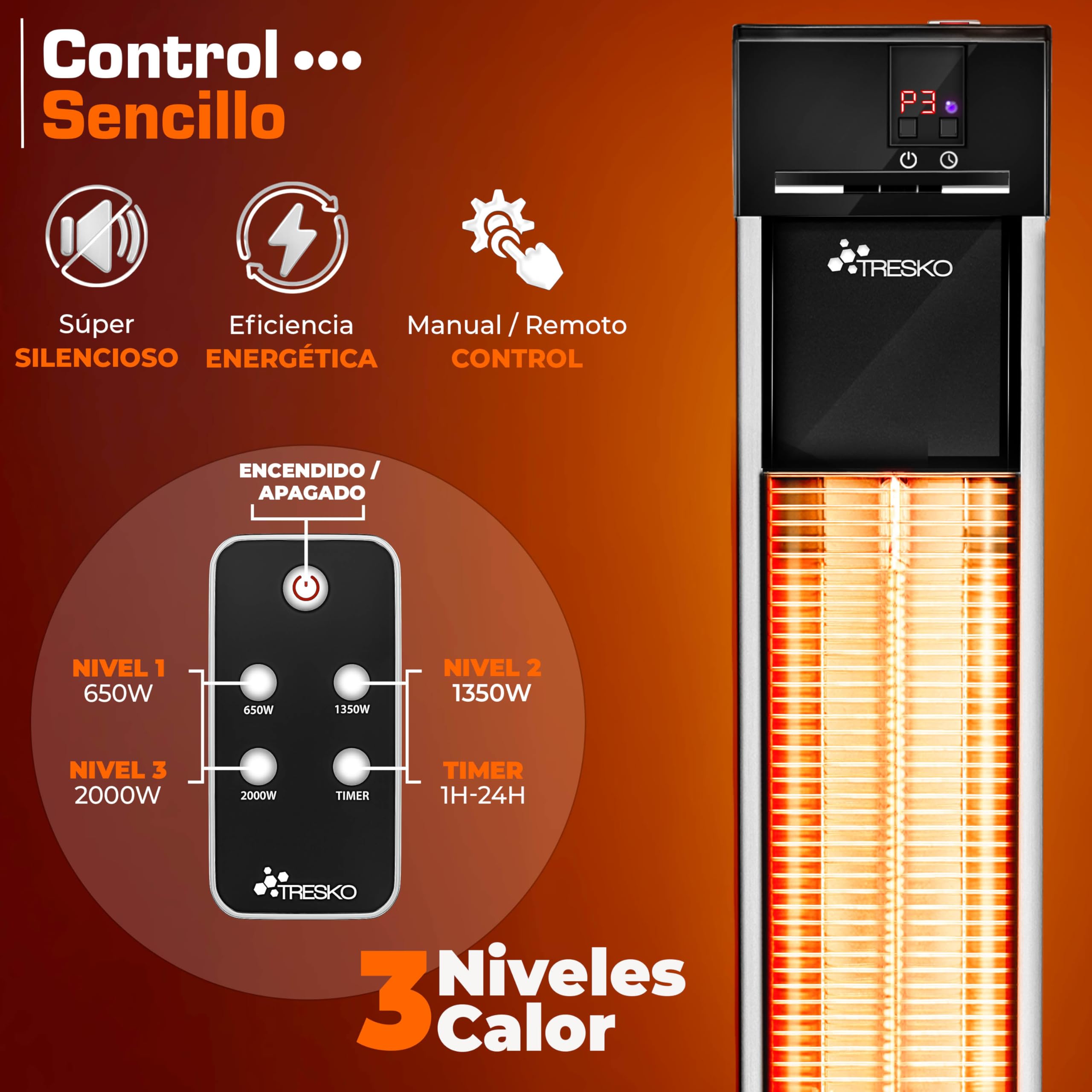 TRESKO Calefactor por Infrarrojos para Terraza | 2000W + Control Remoto | Estufa Radiante con 3 Temperaturas | Radiador Eléctrico para Exterior e Interior | Calentador con Pantalla LED