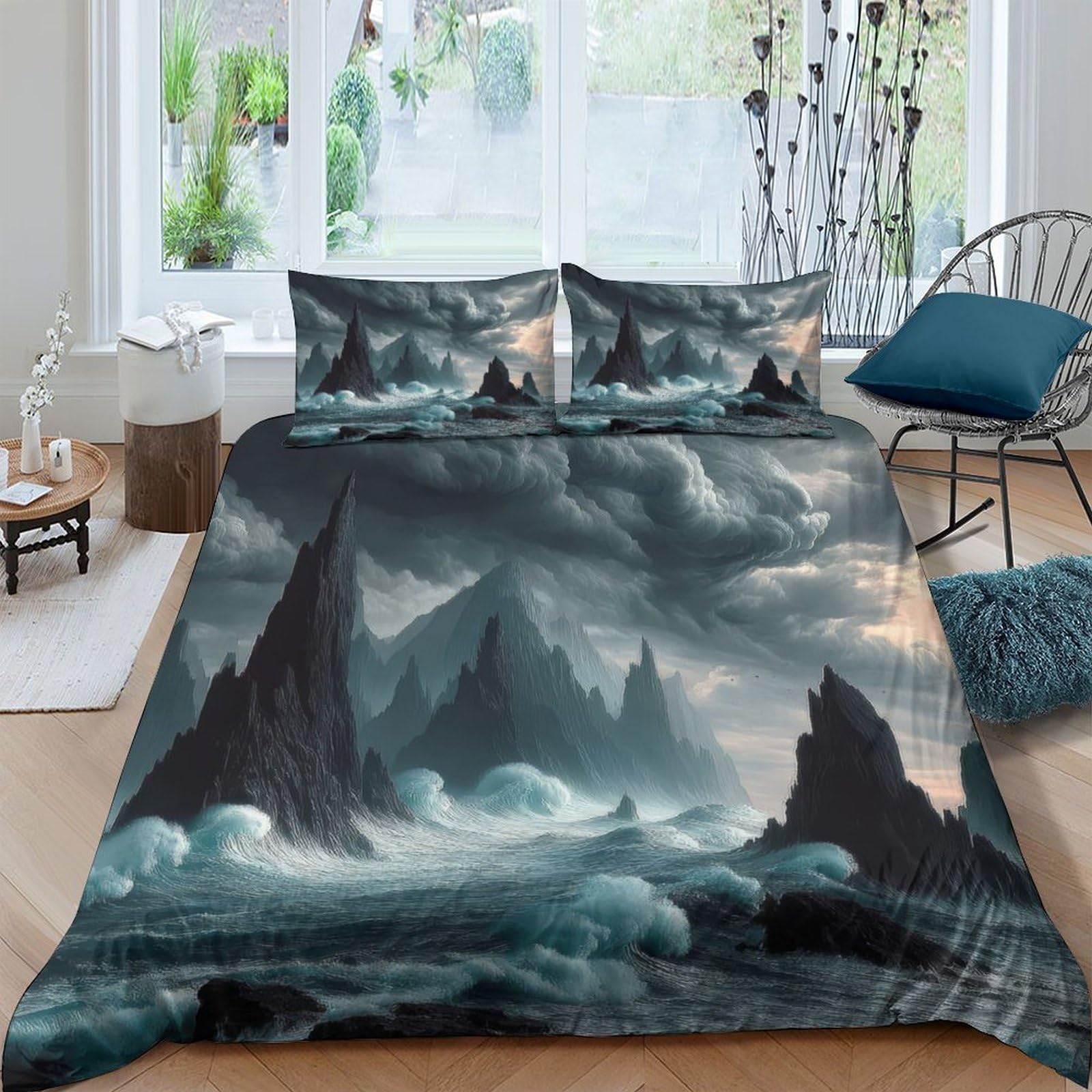 GPLZQXKJNH 3D Printed Dark Ocean Mountain Duvet Cover Set Microfiber Soft Breathable Stormy Landscape Bedding with 2 Pillowcases for Bedroom Single（135x200cm）
