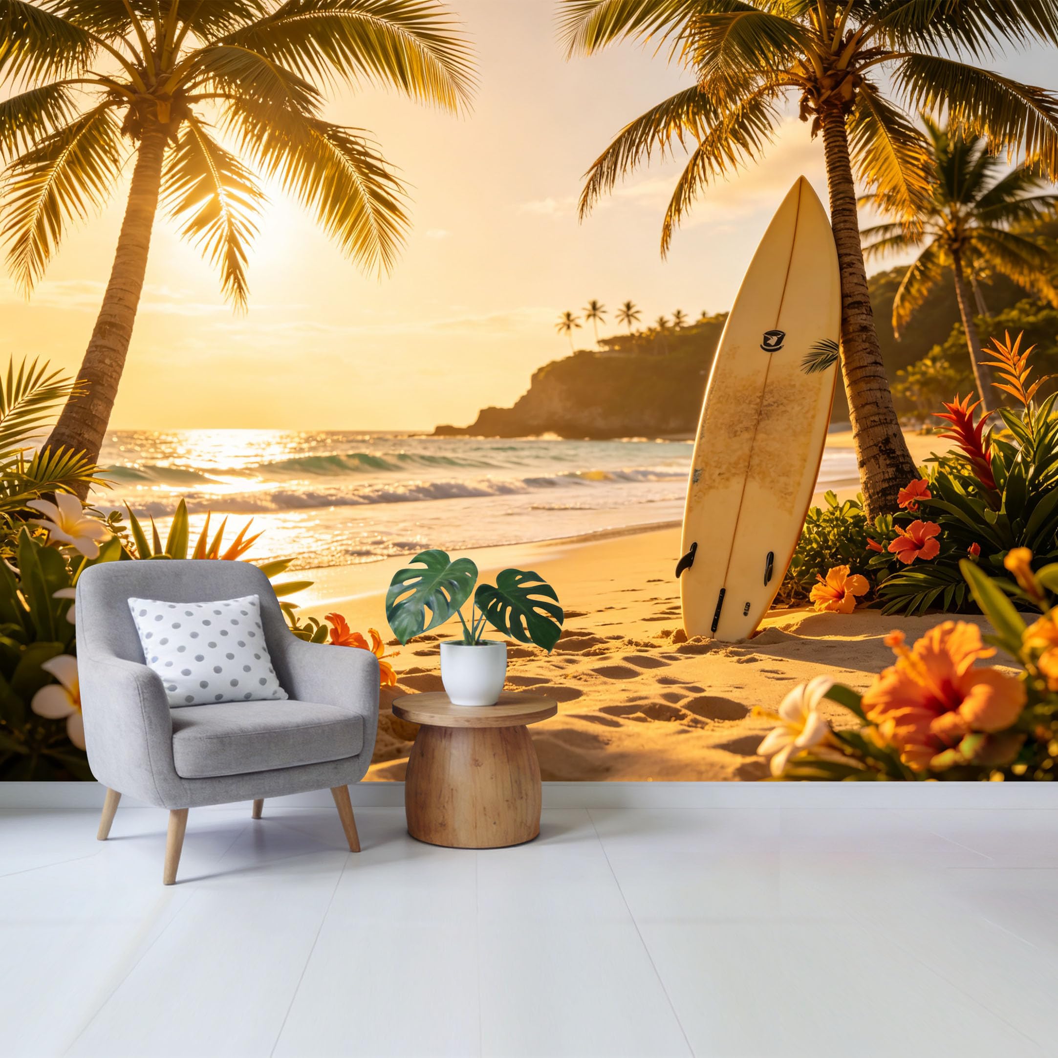 Custom Size Wall Mural Tropical Beach Sunset Surfboard Hibiscus Flowers Coastal View SelfAdhesive Wall Fabric Removable Wallpaper for Home Office Decor