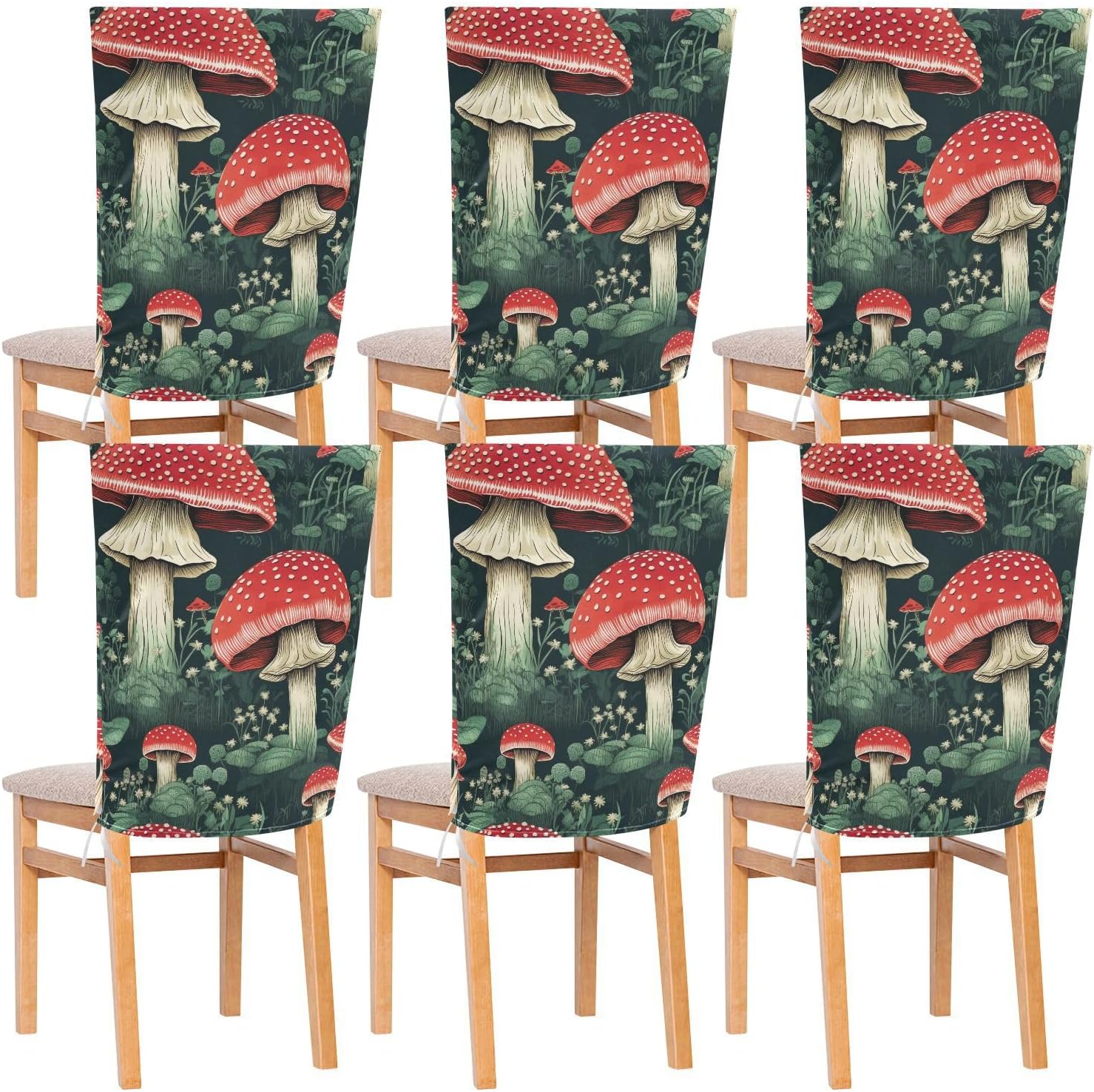 ALAZA Mushrooms on Grass Chair Back Cover Set of 6, Washable Reusable Removable Chair Slipcovers Decorative Chair Cover for Home Kitchen Wedding Party