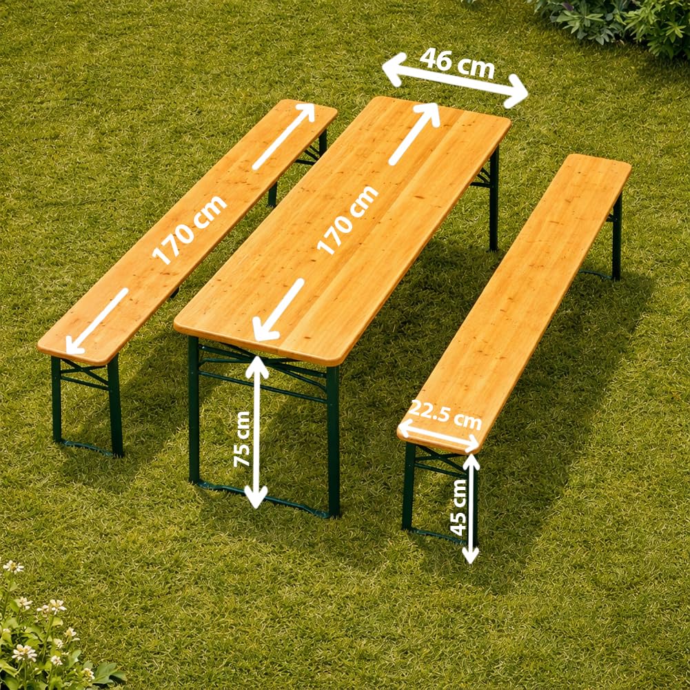 BAKAJI Set 3 Pezzi Birreria con Tavolo Pieghevole e Panche da Esterno, Struttura in Acciaio Comoda, Seduta Ergonomica e Resistente, Ideale per Giardino, Bar, Campeggio, Sagra (170 cm)