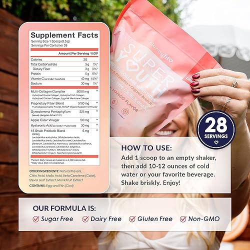 Miniatura 10 de SkinnyFit - Super Youth, Chocolate (30 porciones) - Polvo de péptidos de colágeno múltiple - Probióticos, fibra, ácido hialurónico - Colágeno para