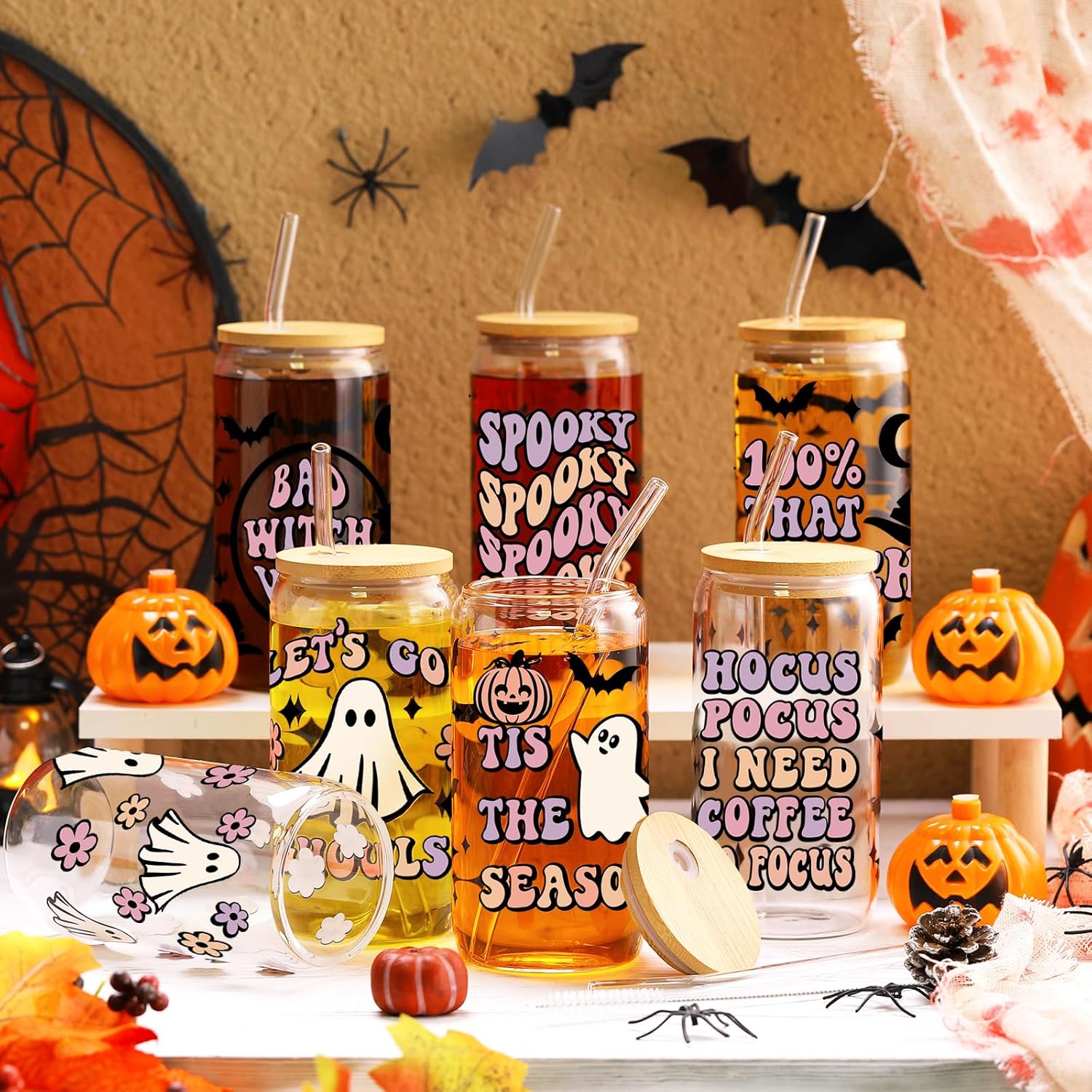 8 Pcs Halloween Drinking Party Glasses 16 oz Ghost Flower Glass Cup with Lid and Straw Spooky Can Shaped Beer Glass Skull Bat Mason Jar Glass Cups for Halloween Party Gift (Cute)