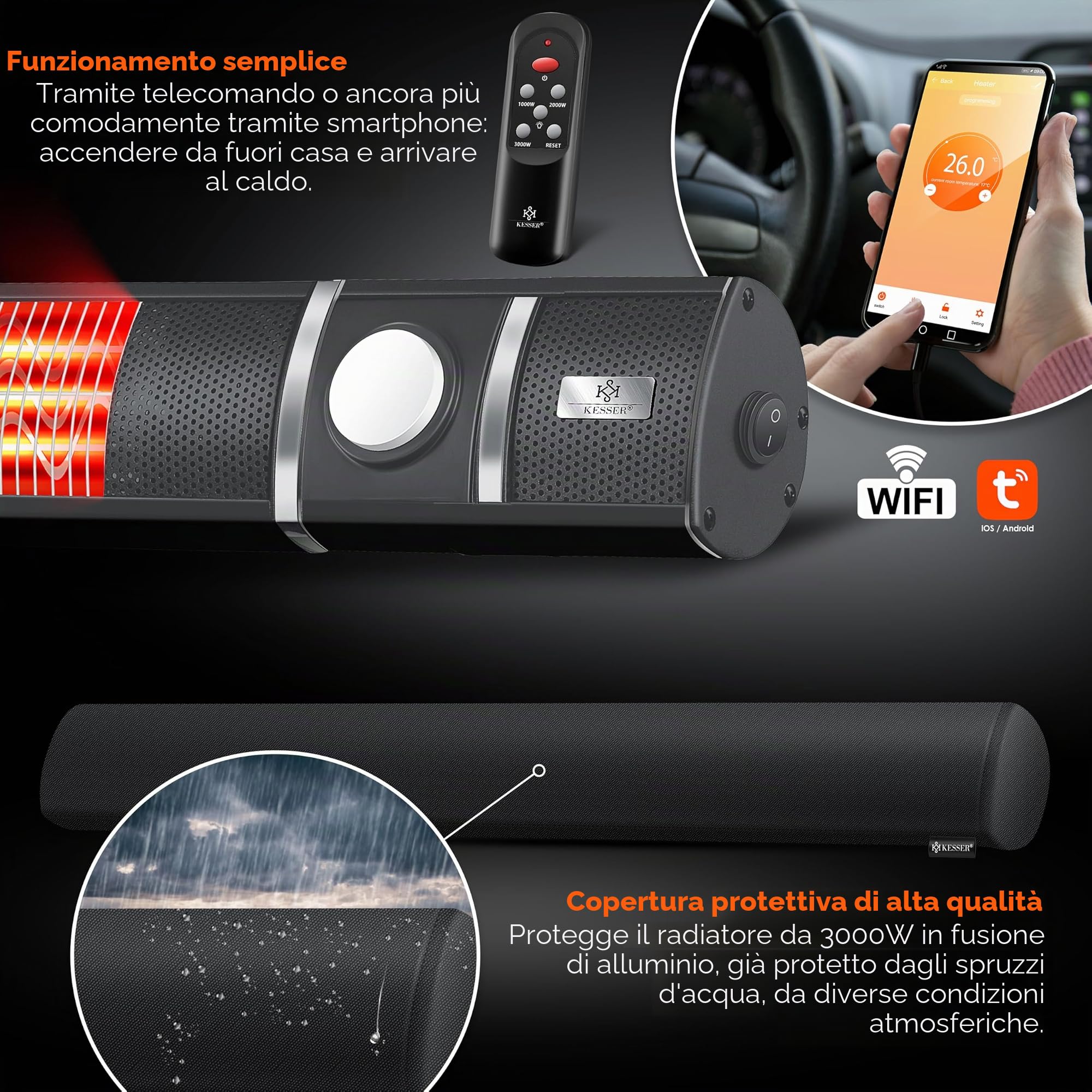 KESSER Stufa a infrarossi, 3000 W, con luce a LED e telecomando, con custodia protettiva a infrarossi, riscaldatore a infrarossi, riscaldatore da parete