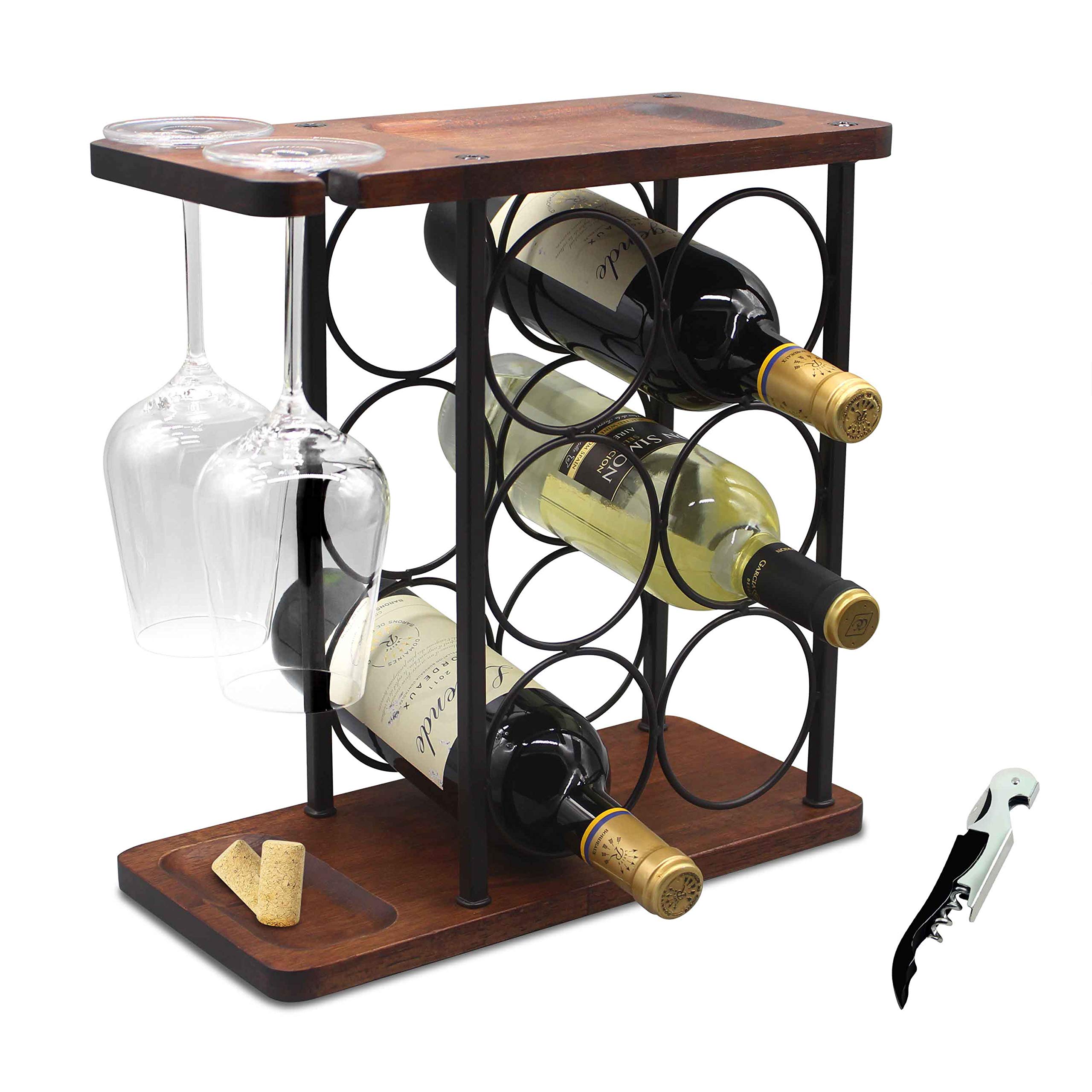 SASIDO Wine Holder and Glasses Rack, Wooden Wine Stand with Tray, Wine Racks Countertop, Perfect for Home Decor & Kitchen Storage Rack etc (Hold 6 Bottles and 2 Glasses )