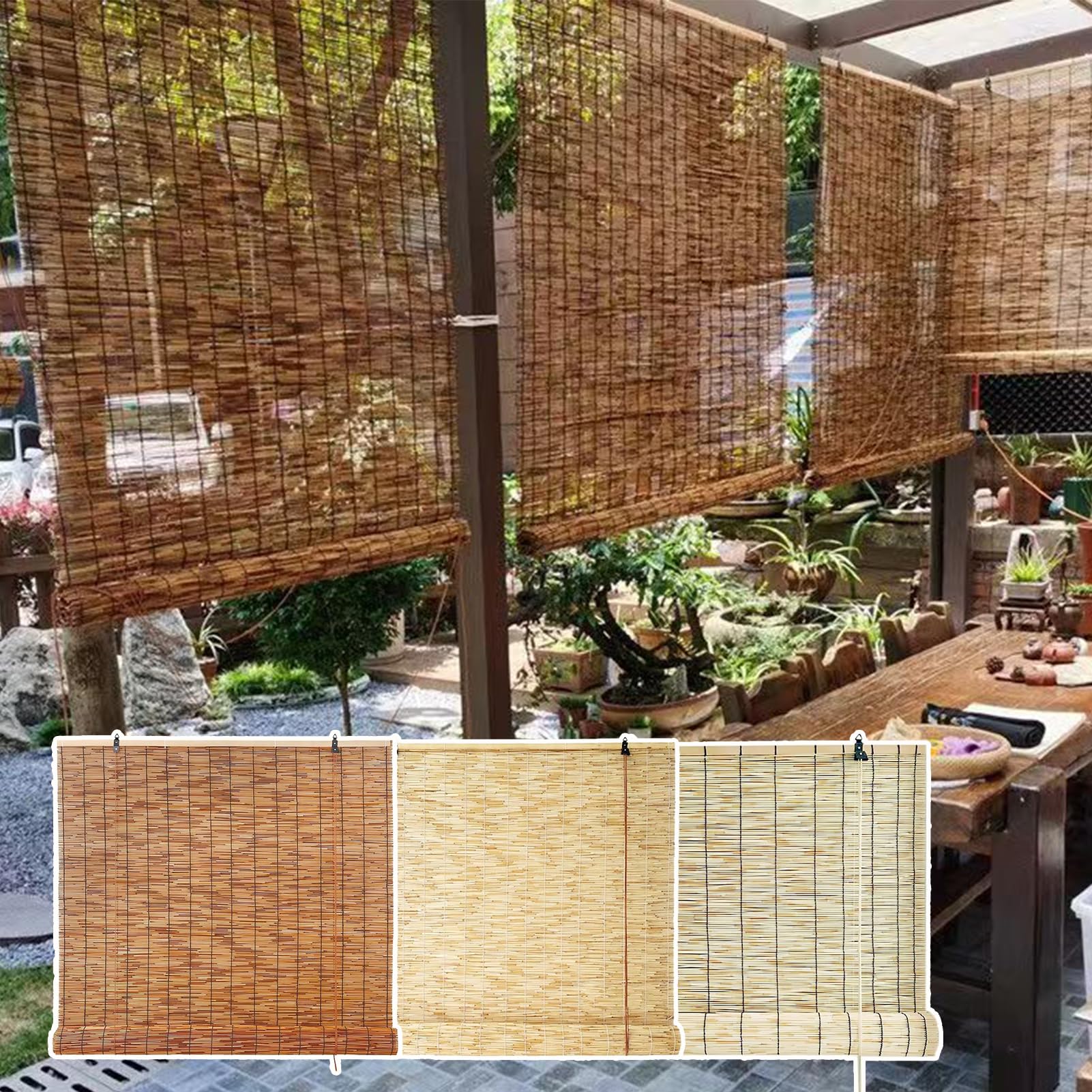 Zajenkub O-0179 Bamboo Blinds Outdoor Natural Roller Blinds Waterproof Roman Blinds For Windows Sunshade 60 80 100 120 140 160Cm Wide Reed Curtains For Kitchen Patio Garden Doorways