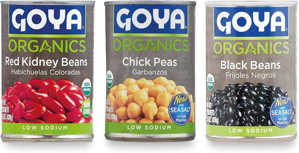 Goya Canned Bean Sampler - Black Beans, Low Sodium, High in Fiber, 15.5 oz | Red Kidney Beans, Chickpeas, Organic & Low Sodium, 15.5 oz Each, Great for Healthy Meals and Recipes, Great Taste USDA Organic