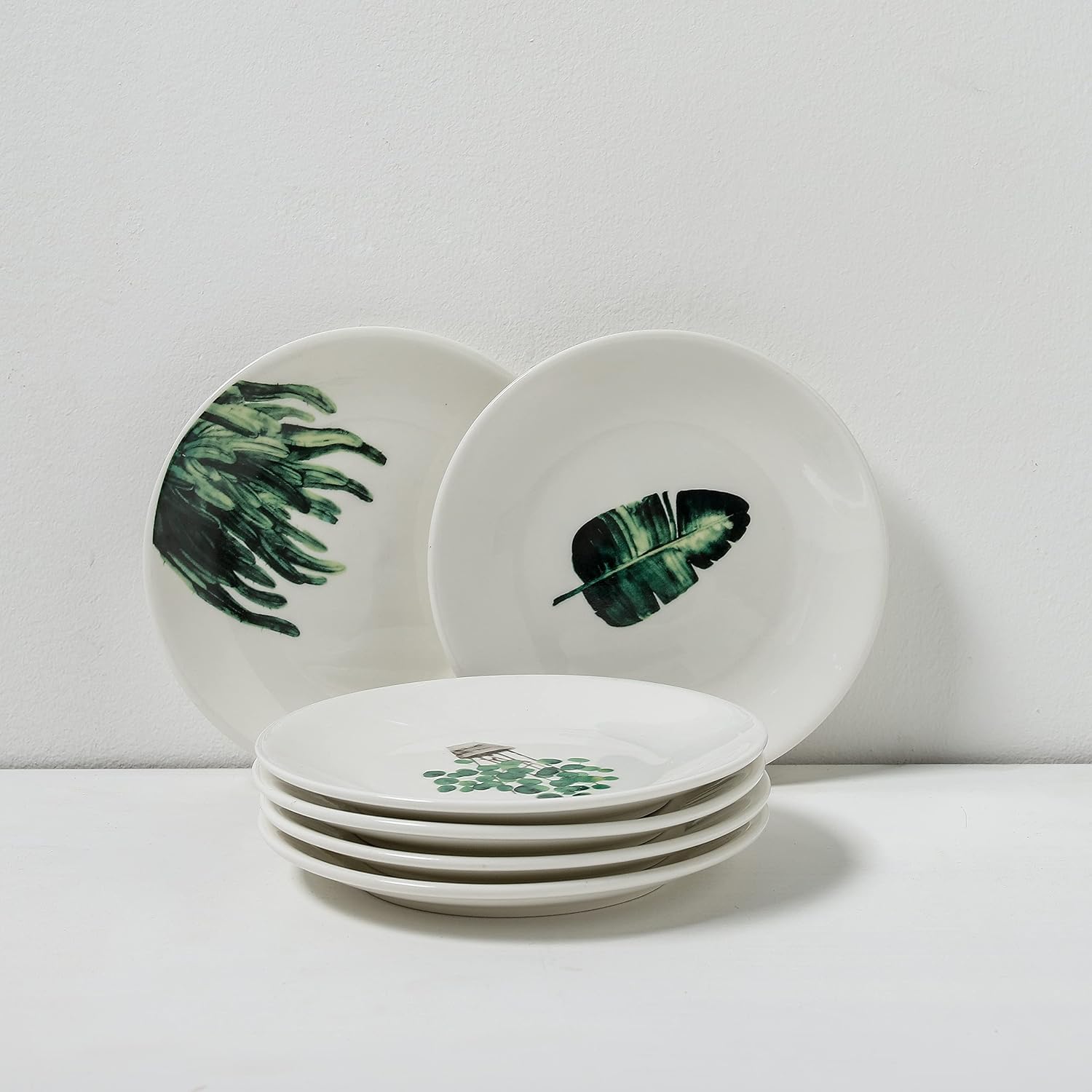 6 Inch Set of 6 Assorted Designs, Small Porcelain Plates with Plants Pattern,White Ceramic Dinnerware for Appetizer Luncheon Snacks Dessert Serving Bread, Microwave Oven Dishwasher Safe