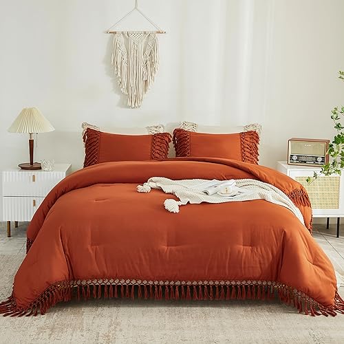 Miniatura 8 de Andency - Juego de edredón con borlas tamaño matrimonial de 3 piezas, ligero y suave, esponjoso, con flecos, para todas las estaciones (naranja