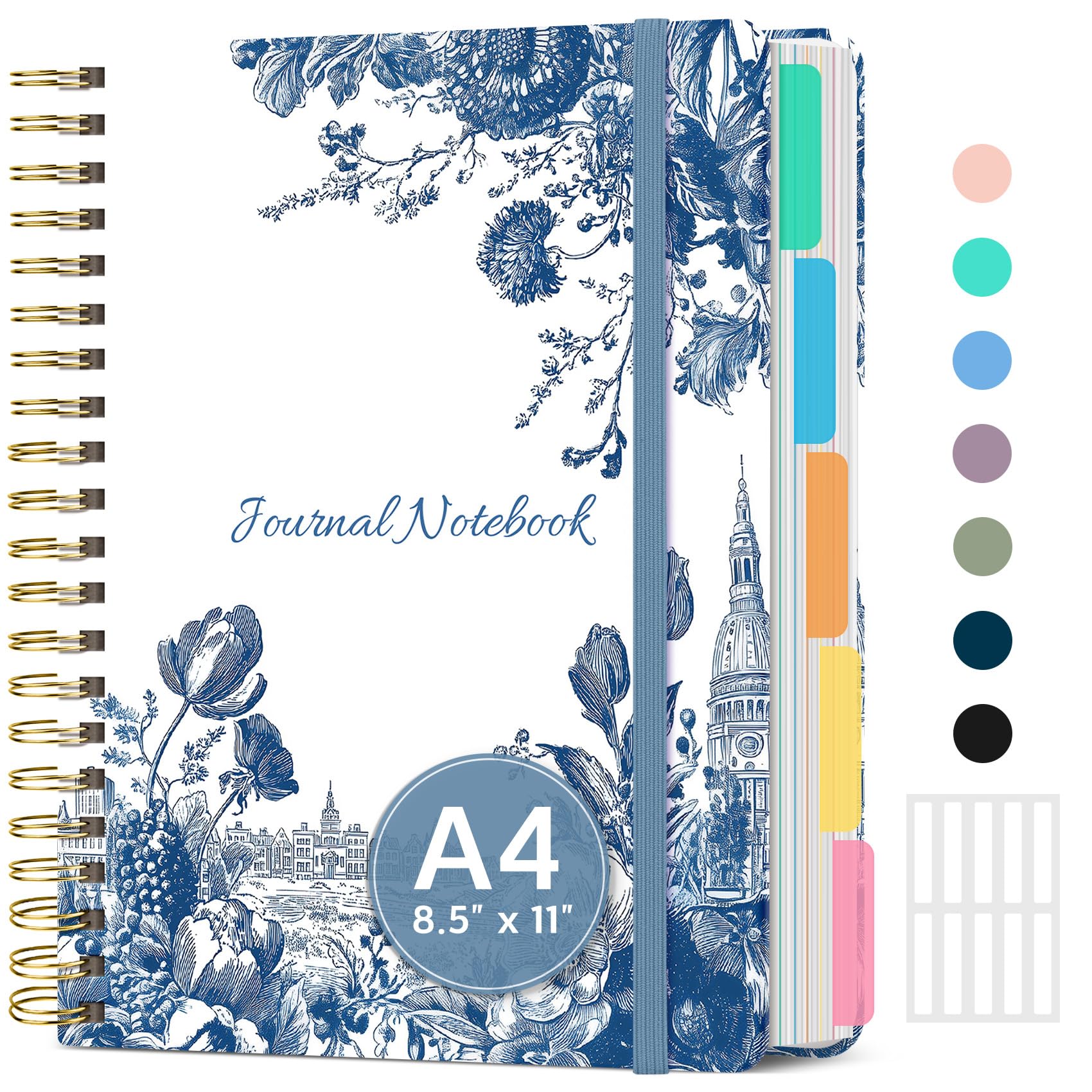 Grande quaderno a spirale per lavoro con divisori e linguette, 21,6 x 27,9 cm, copertina rigida, 5 soggetti, a righe, 280 pagine, motivo floreale urbano