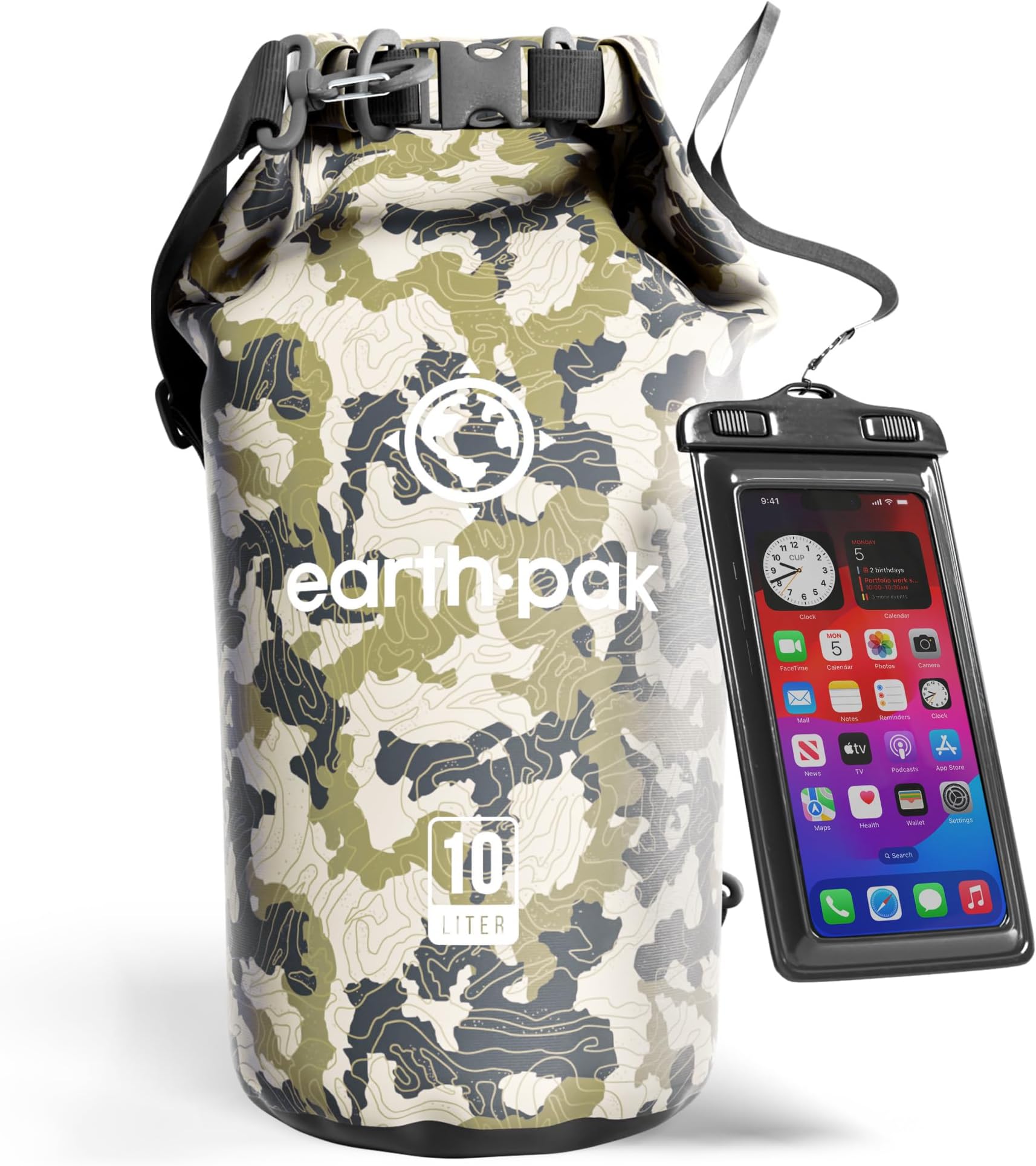 Earth Pak Waterproof Dry Bag - Roll Top Waterproof Backpack Sack Keeps Gear Dry for Kayaking, Beach, Rafting, Boating, Hiking, Camping and Fishing with Waterproof Phone Case