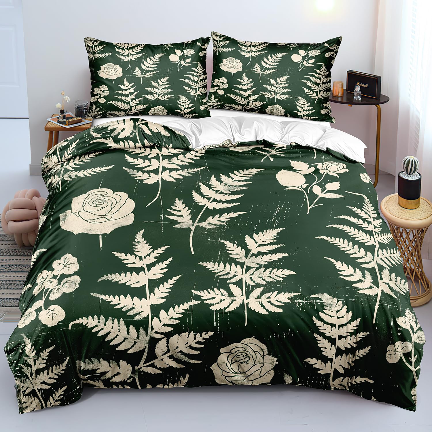 Housse de couette 140x200 verte à motif floral avec sa taie d'oreiller assortie pour lit 1 personne