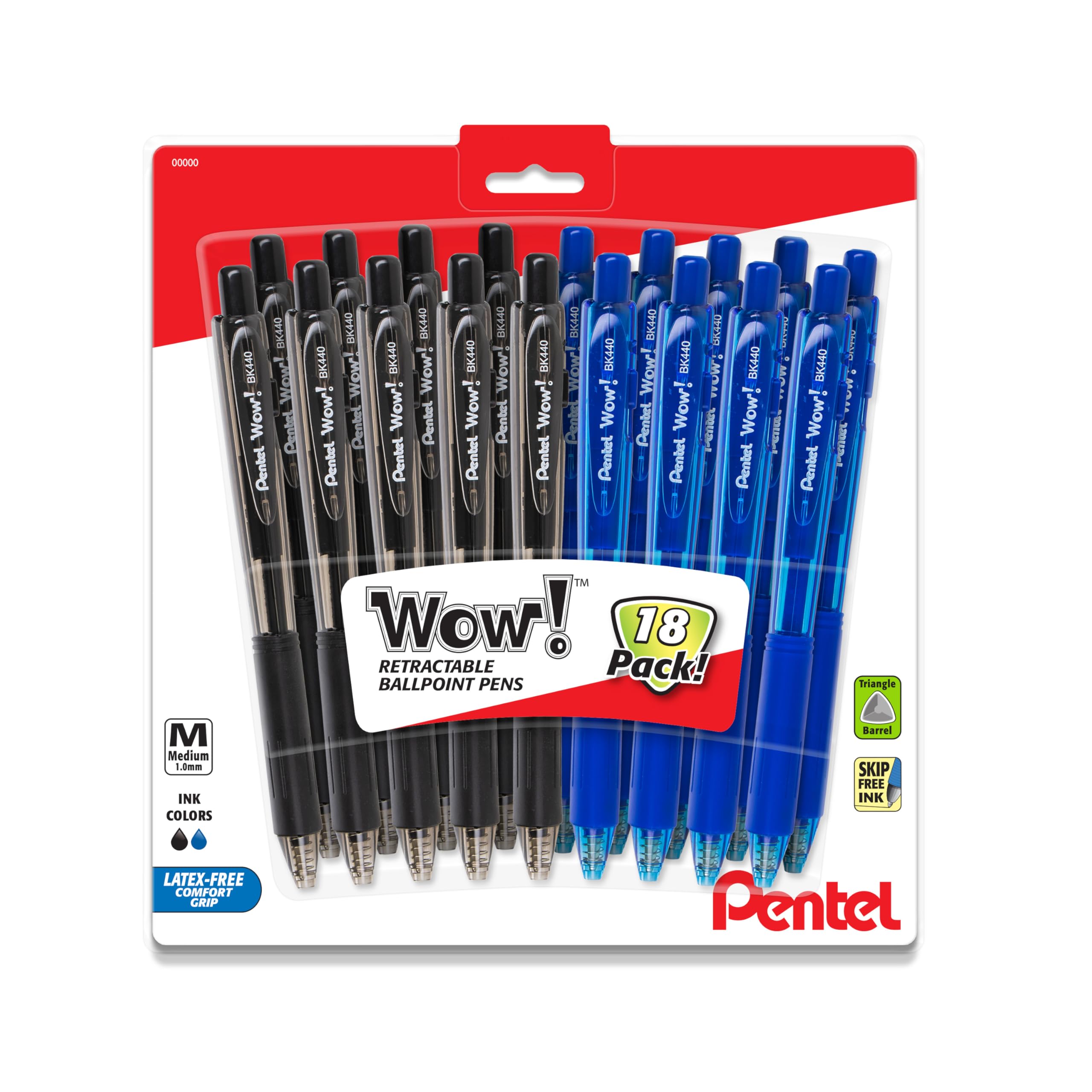 PentelWOW! 1.0mm Medium Point Triangle Pens, Pack of 18; 9 Black & 9 Blue Retractable Ballpoint Pen, Model Wow Bk440
