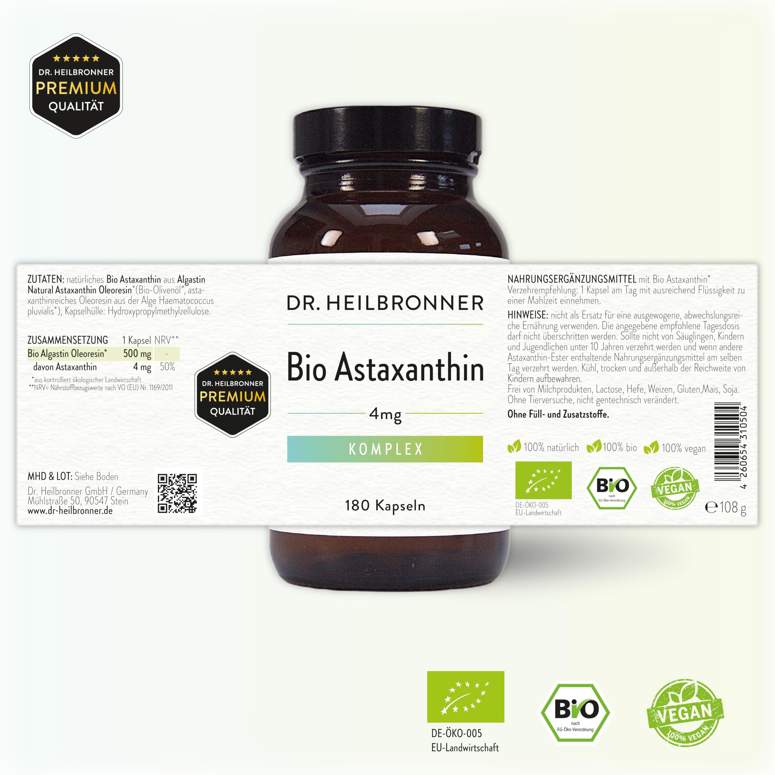 Dr. Heilbronner Bio Astaxanthin 4 mg Kapseln hochdosiert in der Glasflasche 180 Stk. I Antioxidantien aus der Vitalalge Haematococcus Pluvialis I Supplements Carotinoide vegan glutenfrei & lactosefrei