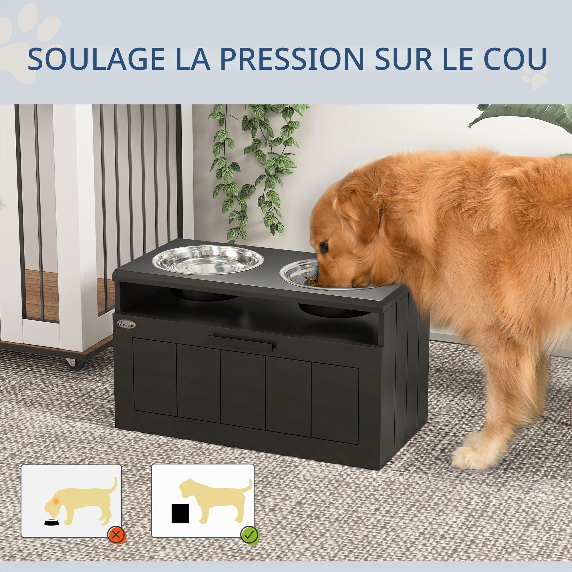 PawHut Gamelle surélevée pour chien avec alimentation lente, deux gamelles en acier inoxydable, tiroir, pour chiens de grande et très grande taille, noir