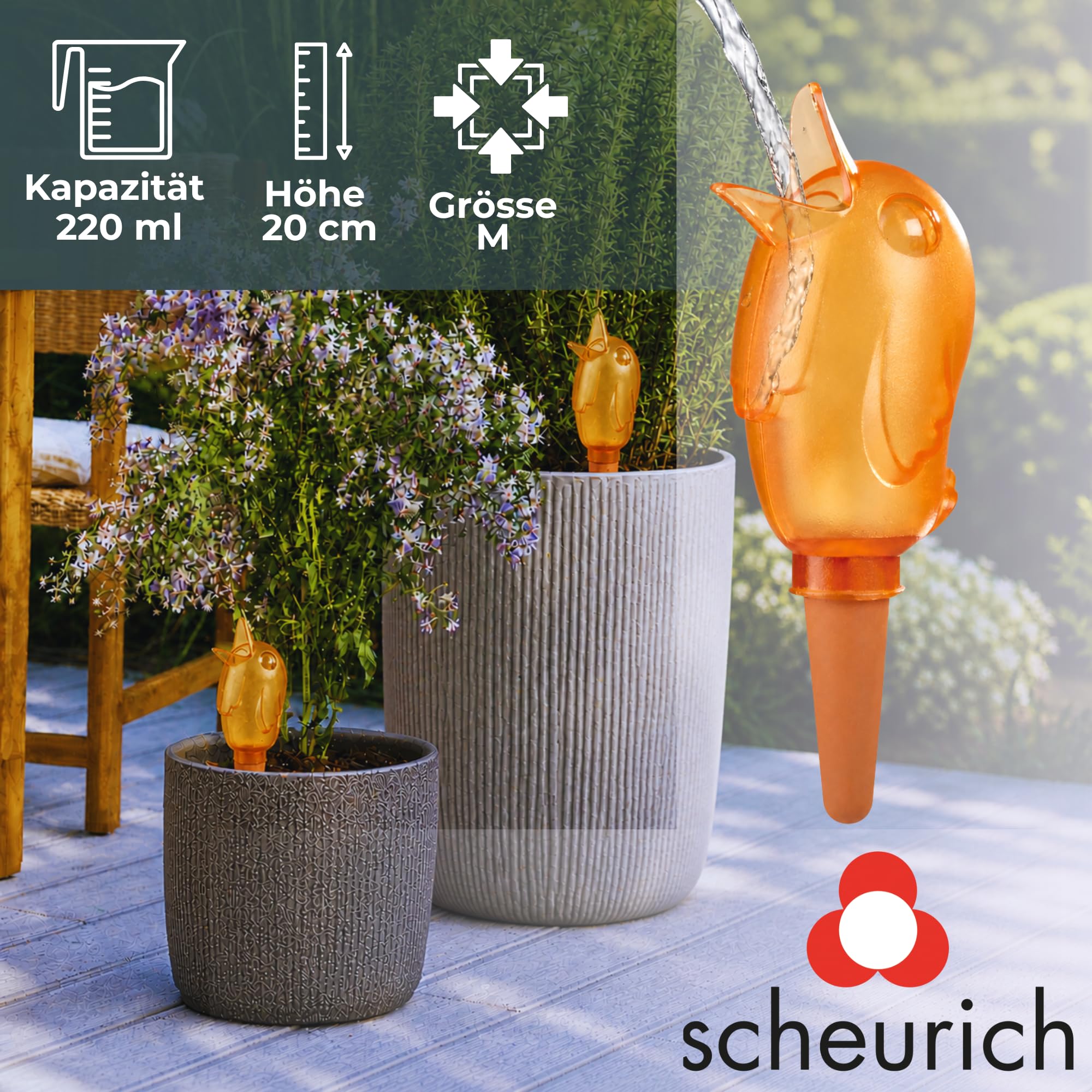 Scheurich Wasserspender Bördy M | 16 x Orange | 220ml Füllmenge | Bewässerungskugel klein mit Ton Fuß | Wasserspender Pflanzen und Blumen Terrakotta Stiel