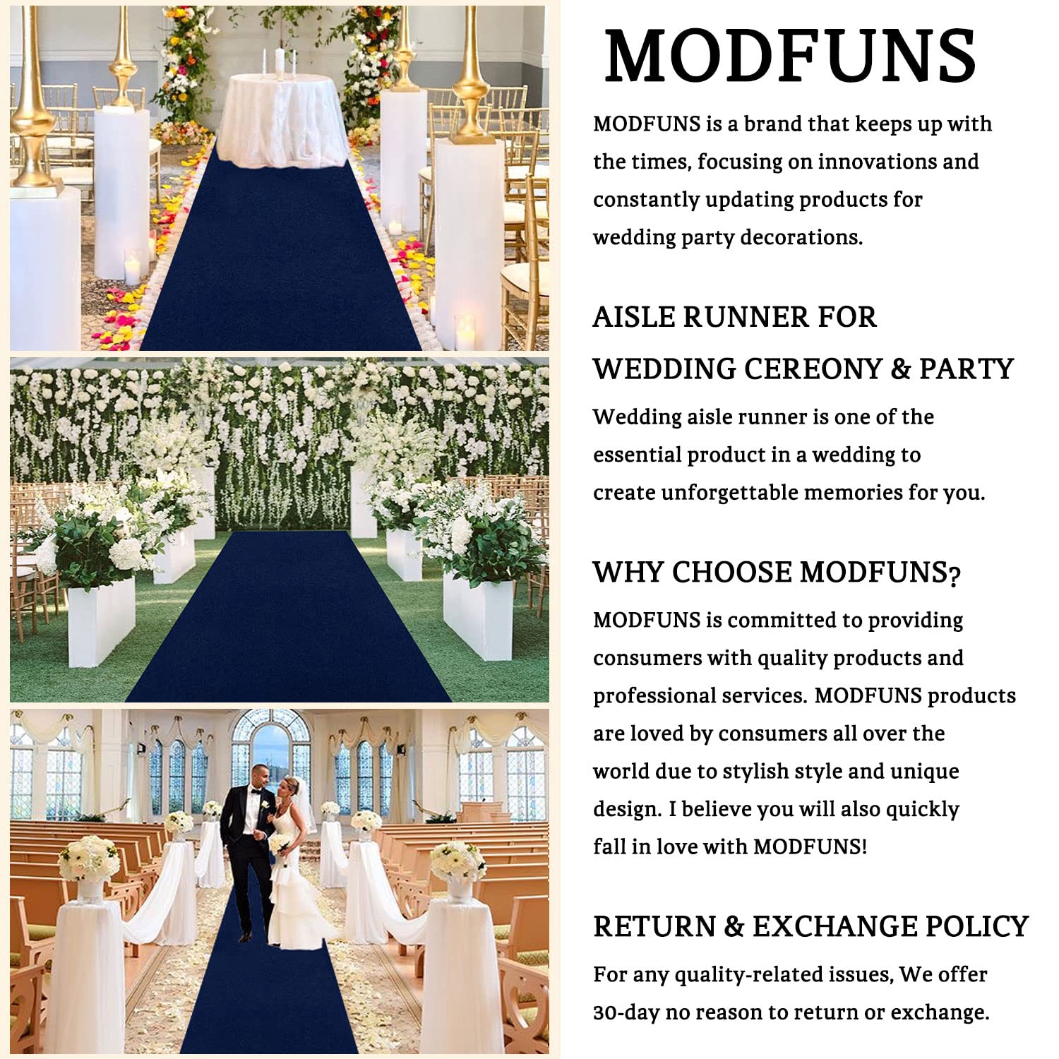 MODFUNS Aisle Runners for Wedddings Navy Blue Aisle Runner Rug 4FTx25FT