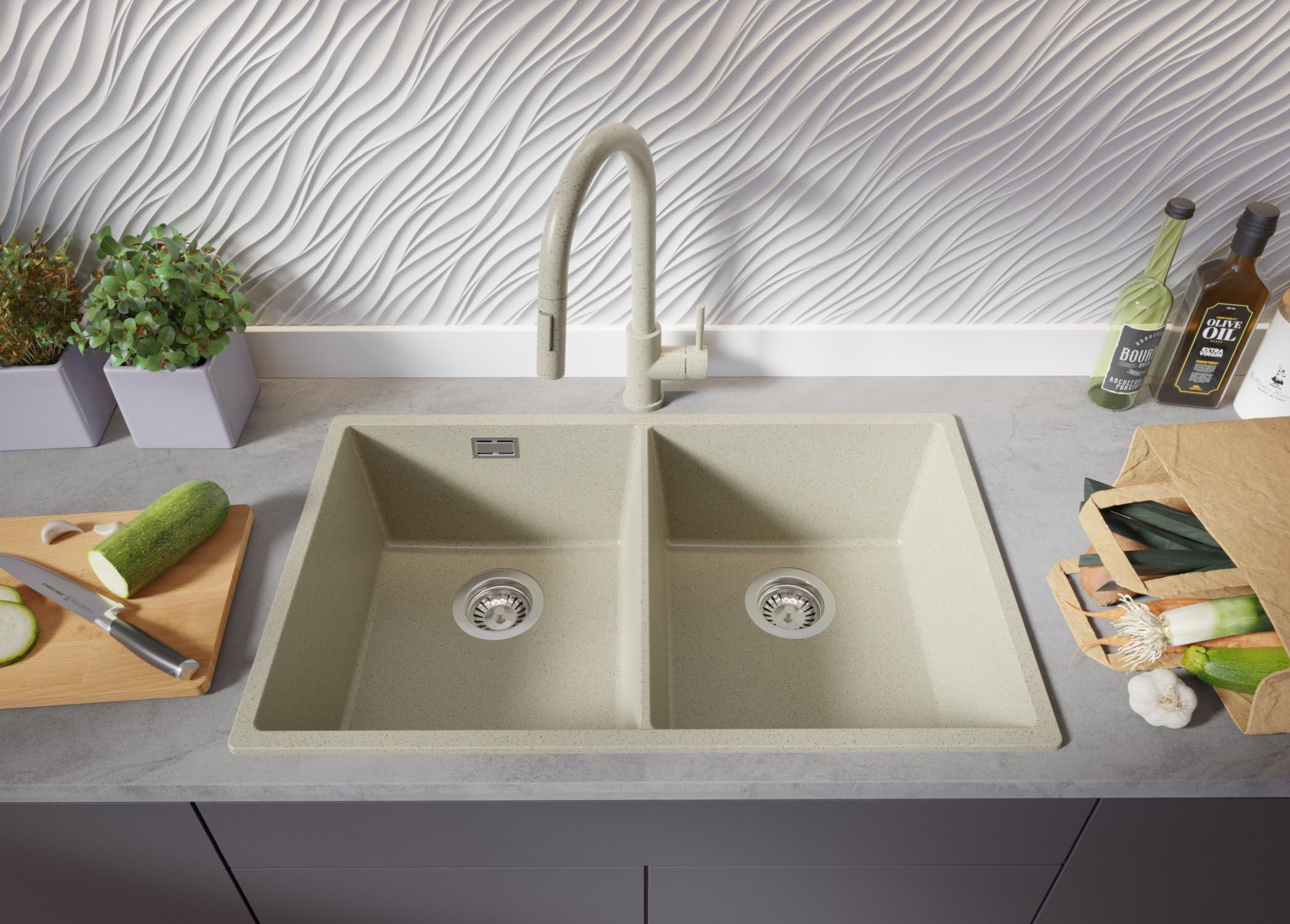PRIMAGRAN Fregadero Cocina Todo Beige - London Twin Slim, 76x47cm | Granito 2 Senos + Sifón, sobre Encimera al Mueble 80cm (S010)