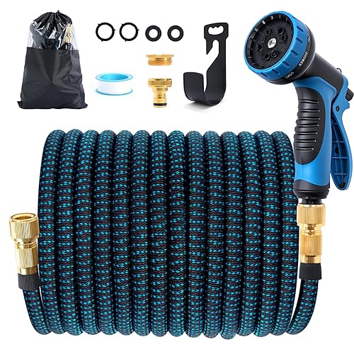 Jsdoin Gartenschlauch Flexibel 15m, Ausziehbare Garten Schlauch Dehnbarer mit 10 Funktions Gartenbrause, 1/2" 3/4" Adapter für Wasserschlauch Flexibler Garden Hose (15m)