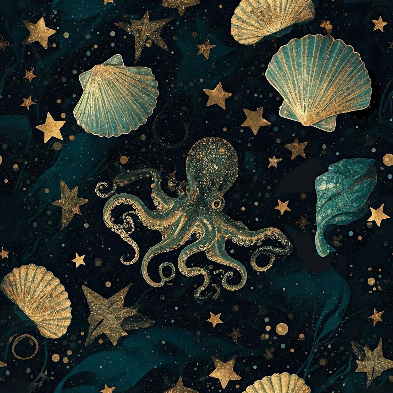 ReWallpaper Coastal Wallpaper Peel and Stick Waterproof Navy Teal Gold Octopus Shells Celestial Ocean Wall Paper Removable Wallcovering for Bathroom Bedroom Living Room Feature Wall Decor 17.5inX23ft