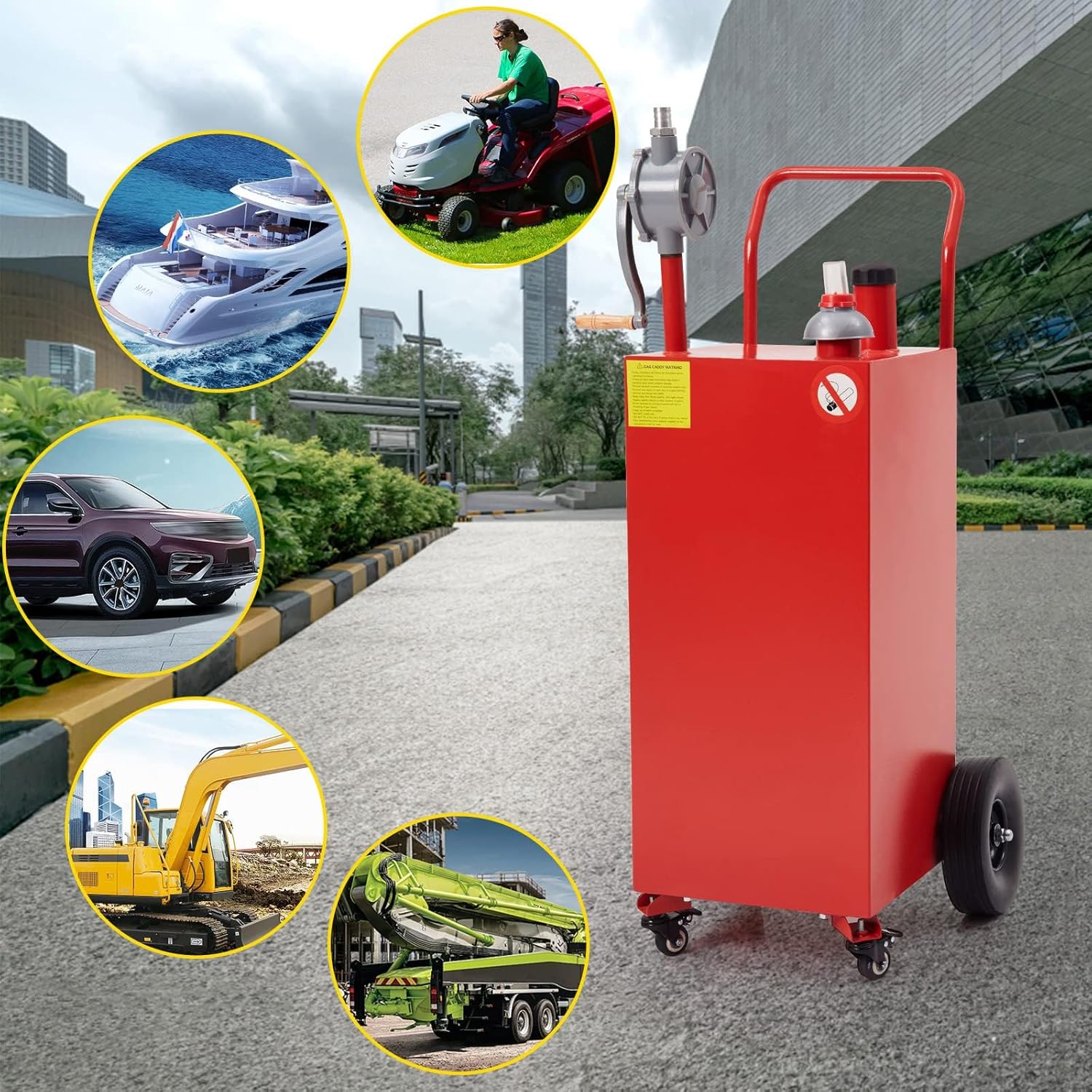 40 Gallon Fuel Caddy,Portable Gas Tank W/Reversible Rotary Hand Siphon Pump,Fuel Transfer Storage Tank Gasoline Diesel Can with Rolling Flat-Free Solid Rubber Wheels for Cars,Lawn Mowers,ATVs,Boats