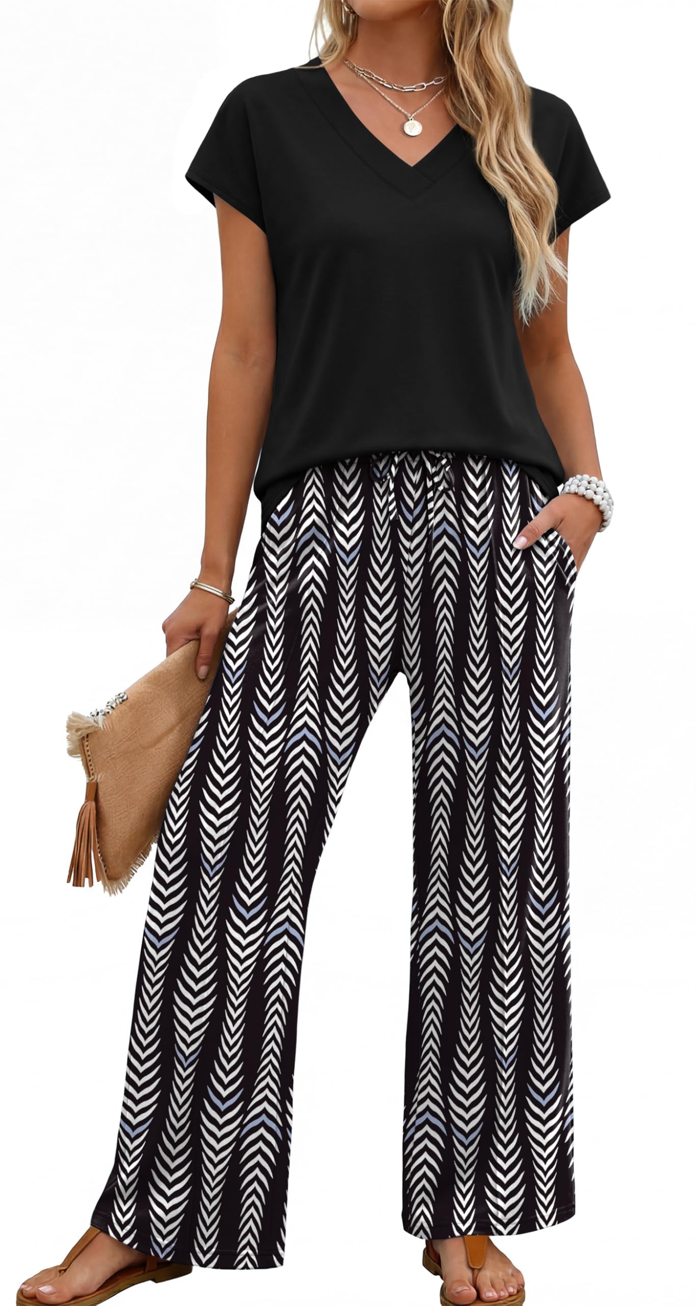 XIEERDUO Women's 2 Piece Sets Summer Beach Vacation Cruise Travel Outfits Printed Wide Leg Pant V Neck Cap Sleeve Tops — view 12