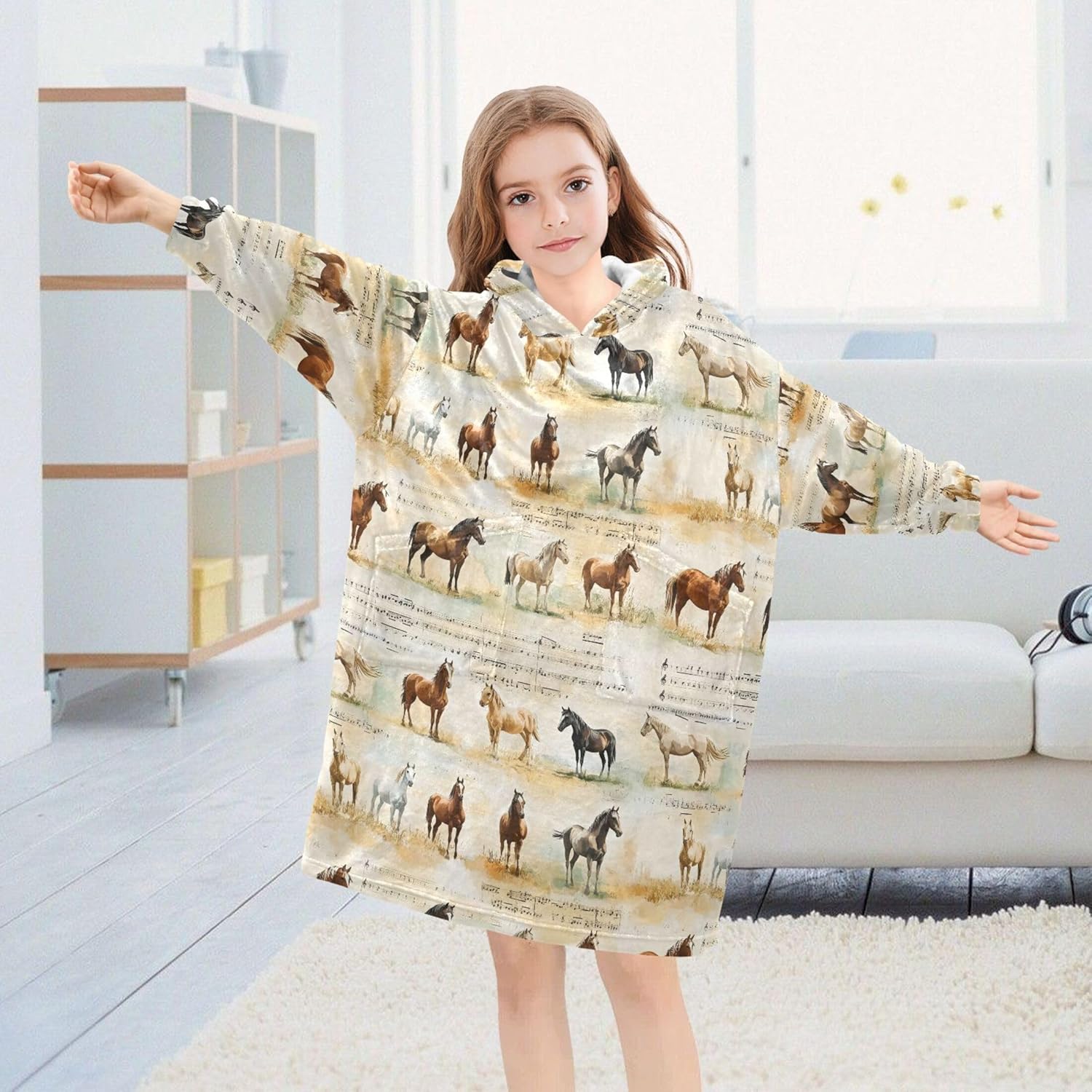Horse Animal Kids Wearable Blanket Hoodie with Pocket and Sleeves for Toddlers, Cute Hoodies Girls Boys B0403908