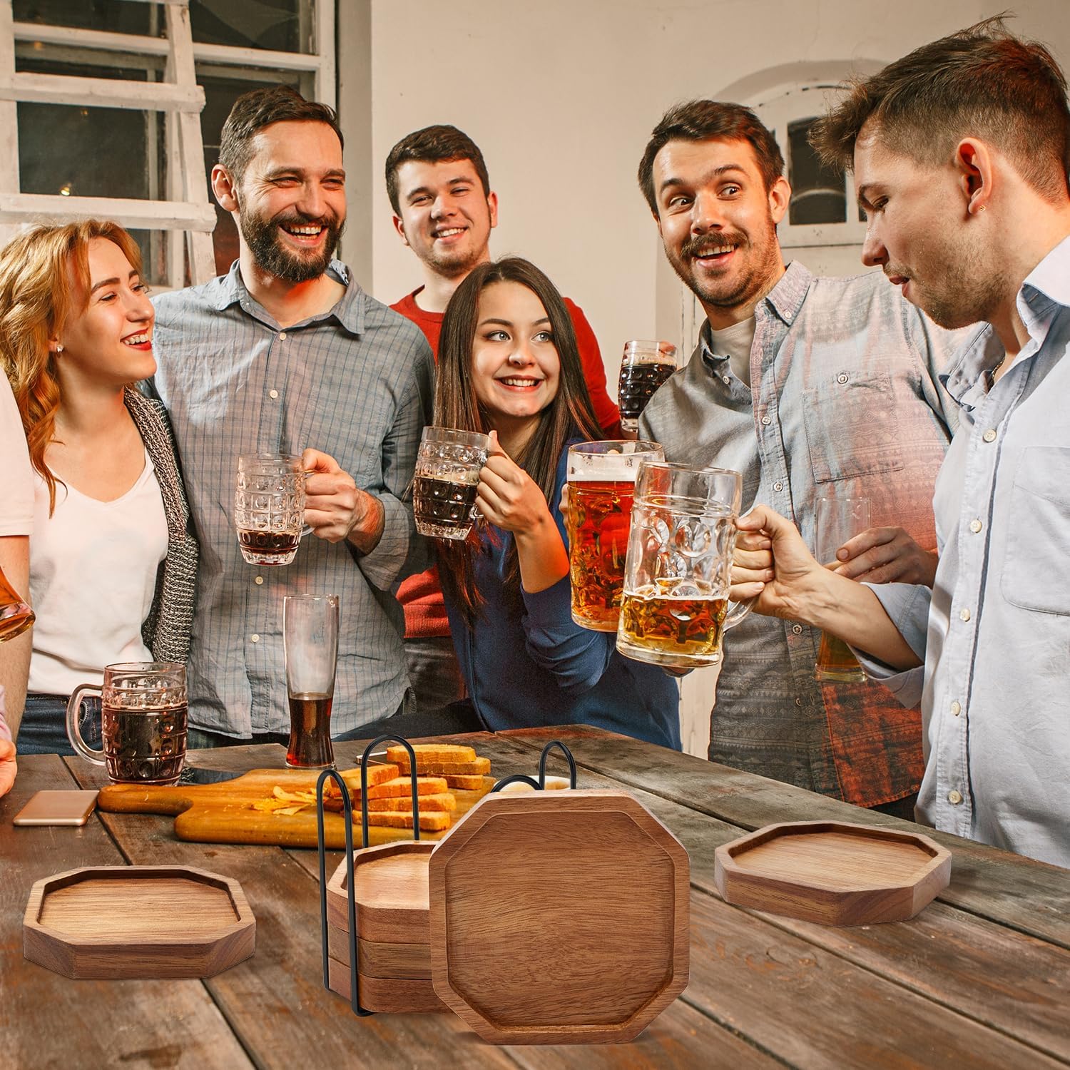 Cute Rustic Farmhouse Wooden Cup Coaster Set of 6 Cool Bar Drink Coasters with Holder Acacia Wood Coasters for Coffee Table Desk Decorative Outdoor Modern Coaster Home Decor Beverage Accessories Gift - Image 7