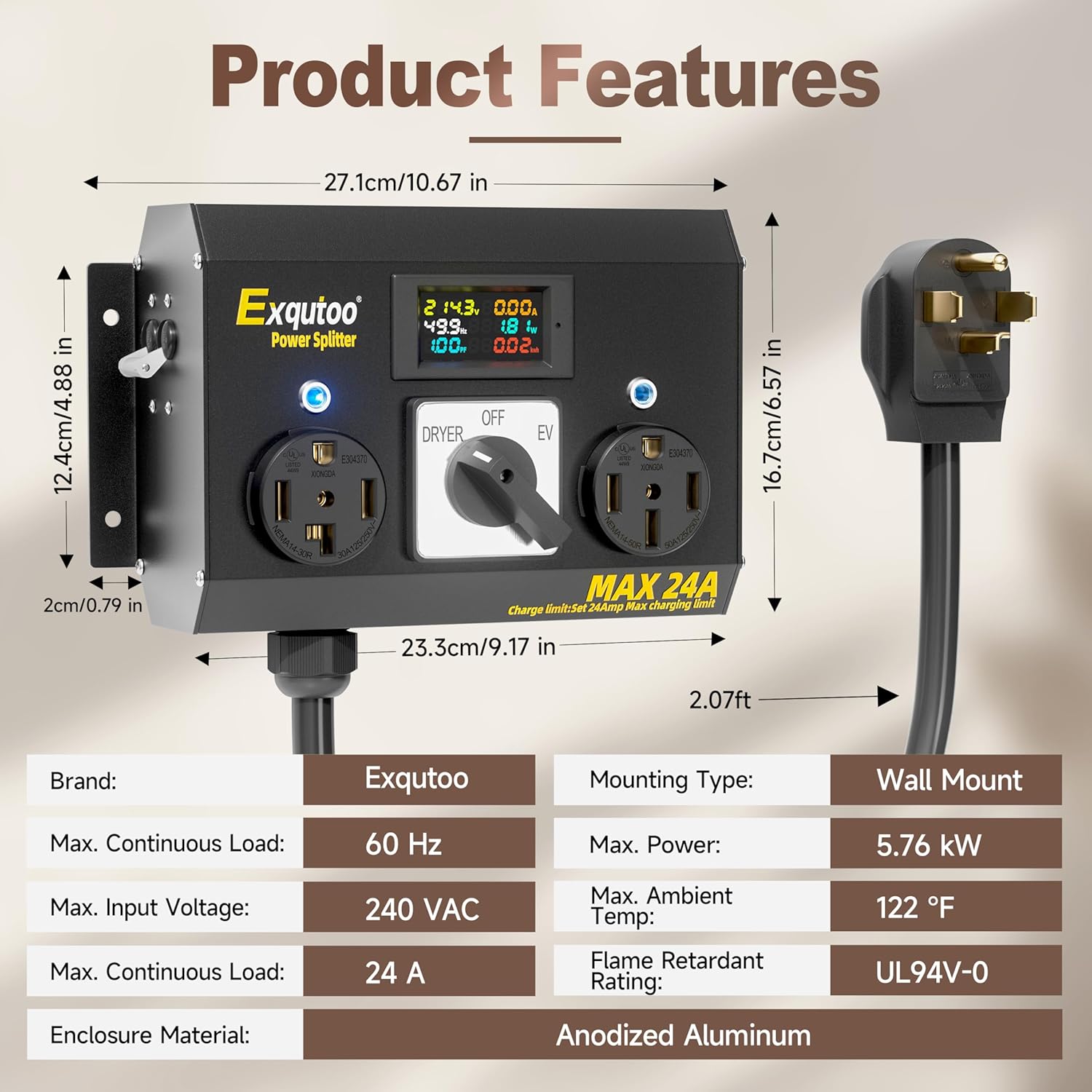 Exqutoo Manual Splitter Switch with Metal Enclosure, NEMA 14-30P to 14-30R & 14-50R Knob Selection Charging Switch with Breaker, Heavy-Duty for EVs, Ovens, Dishwashers, 120/240VAC