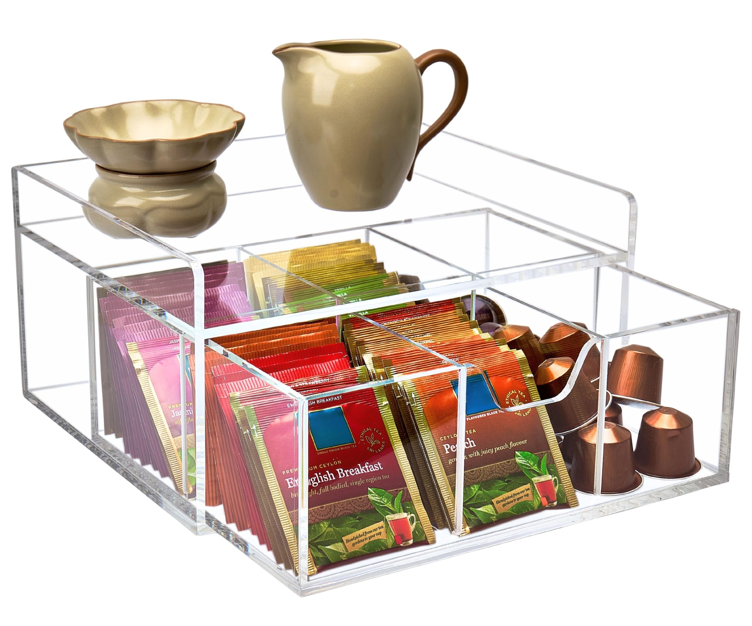 Robuste Acryl-Teestation mit 6-Fächer-Schubladen-Organizer | Vielseitiges Design: Mit leicht gleitender Schublade und 6 Fächern sowie stabiler Ablagefläche für Kaffeepads oder Tassen