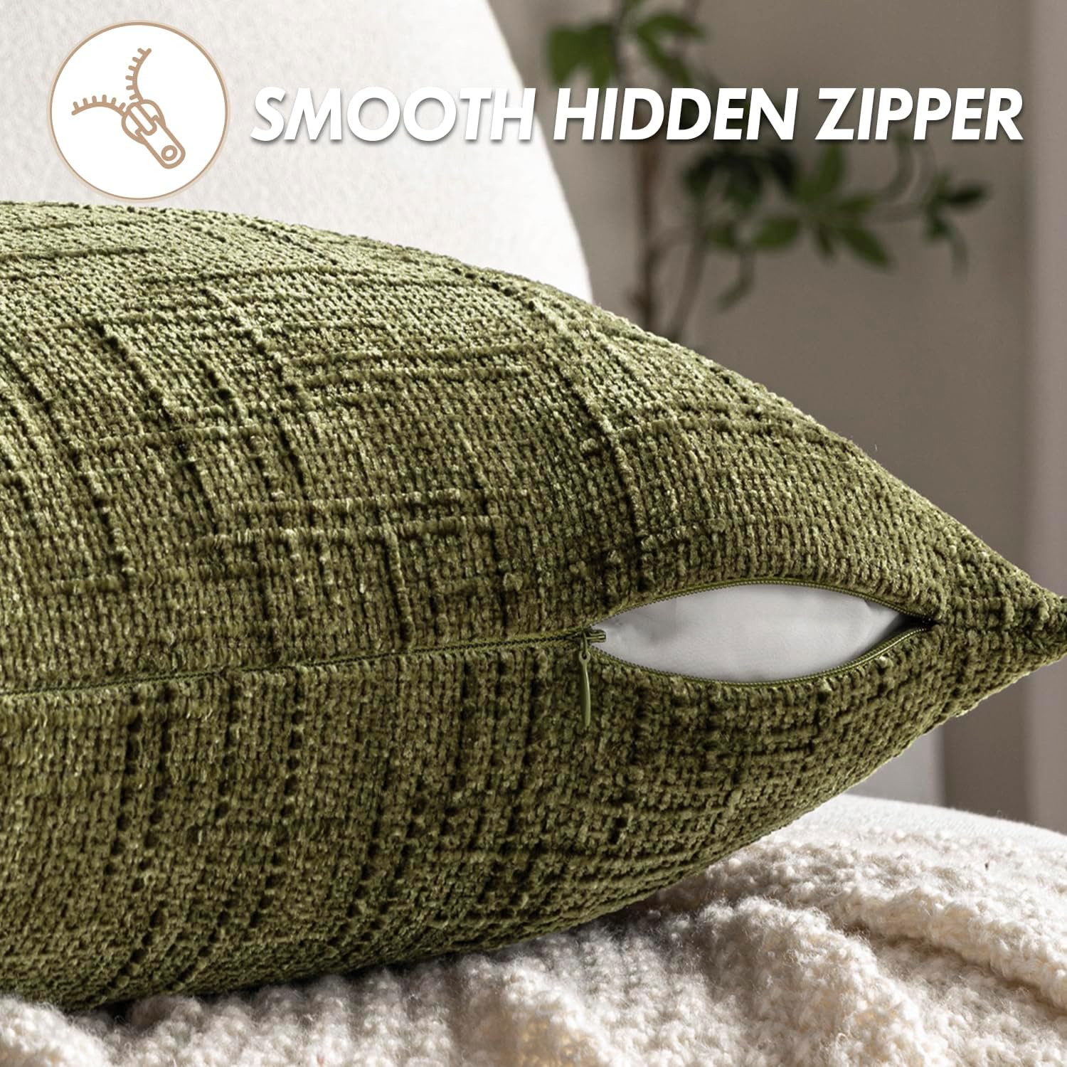 MIULEE Textured Throw Pillow Covers Thick Chenille Decorative Pillows Olive Green 20x20 Inch Set of 2 Modern Boho Farmhouse Home Decor Neutral Cushion Covers for Couch Sofa Living Room Bedroom