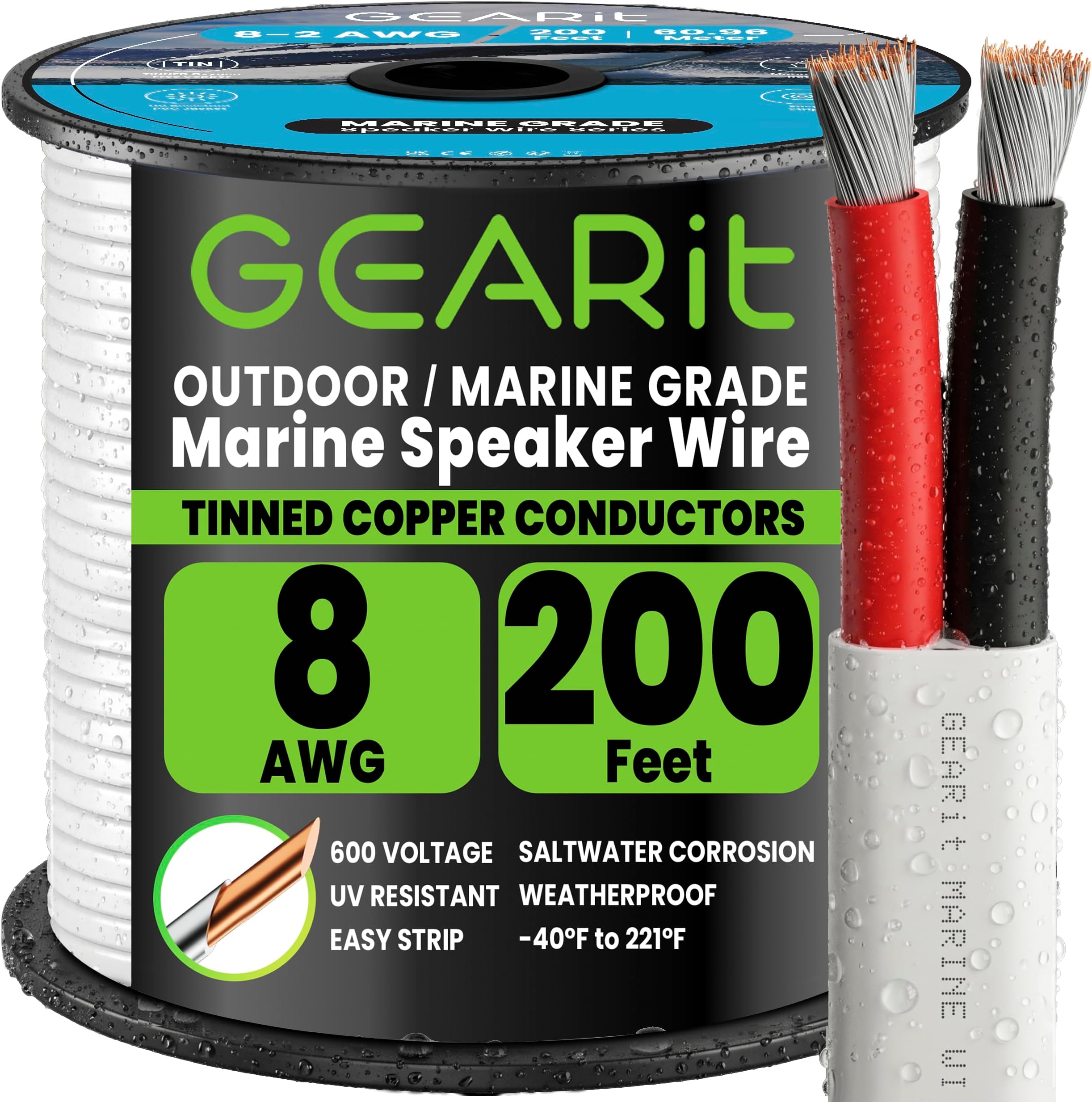 GEARit 8 Gauge Electrical Wire Cable, 8 AWG 200 Ft Landscape Wire, Marine Grade Tinned Copper Wires for Automotive, Outdoor, Speaker, Lamp, Trailer, Car